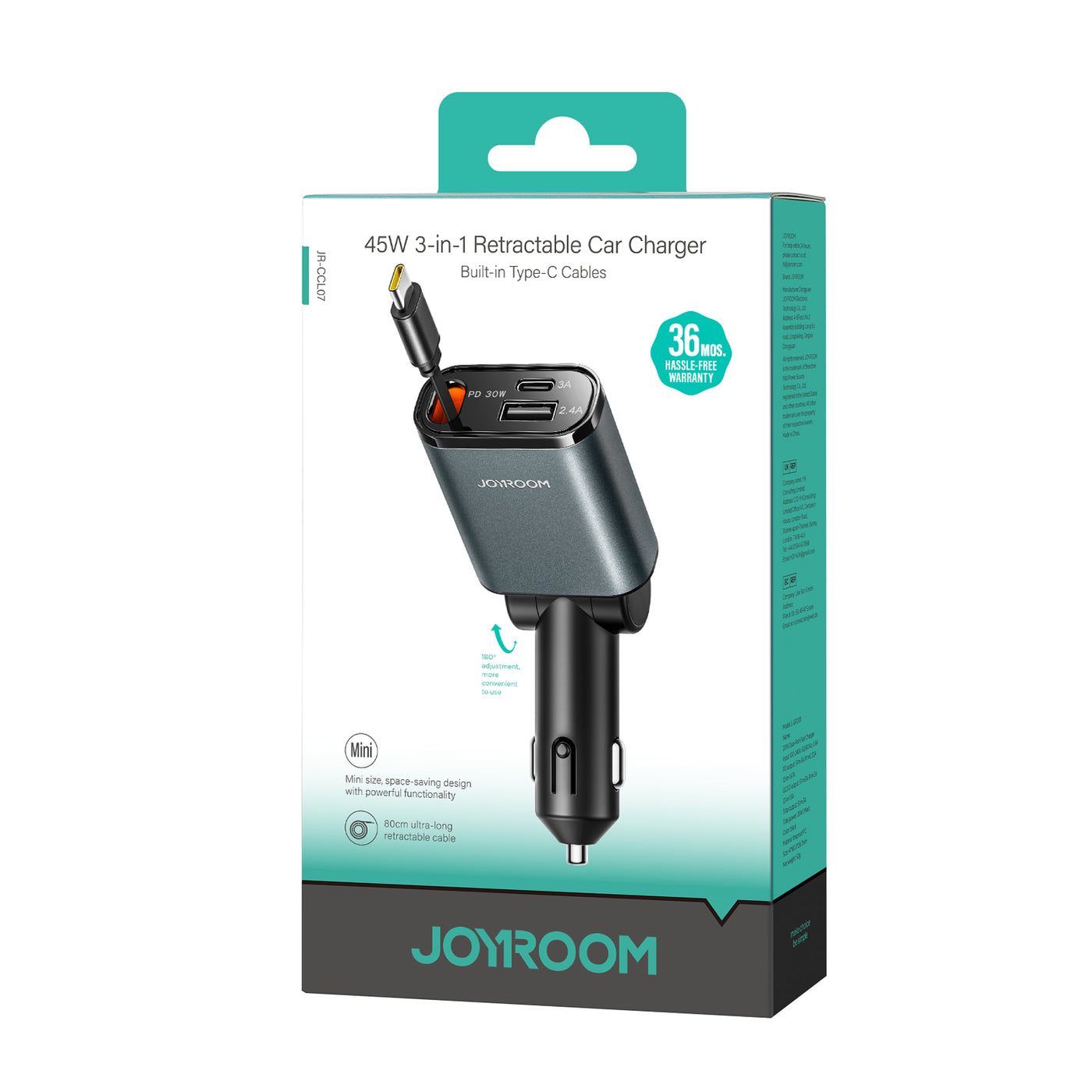 JR-CCL07 30W 3-in-1 Retractable Cable Car Charger