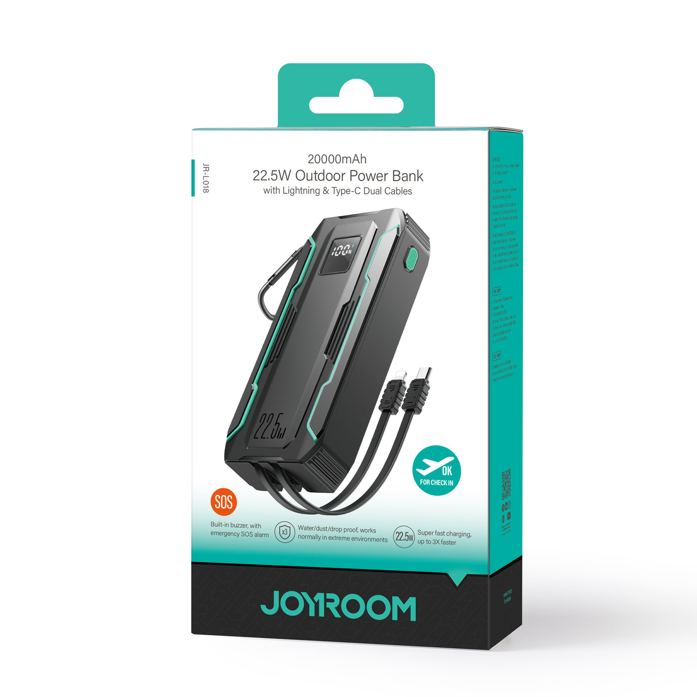 JR-L017 22.5W Power Bank with Built in 2in1 Cables with SOS light 10000mAh-Black