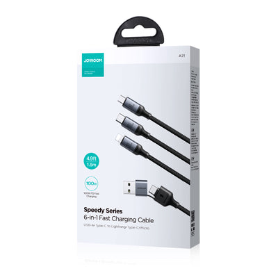 SA21-2T3 Speedy Series 100W 6-in-1 Fast Charging Cable (USB-A+Type-C to L+C+M) 1.5m-Black