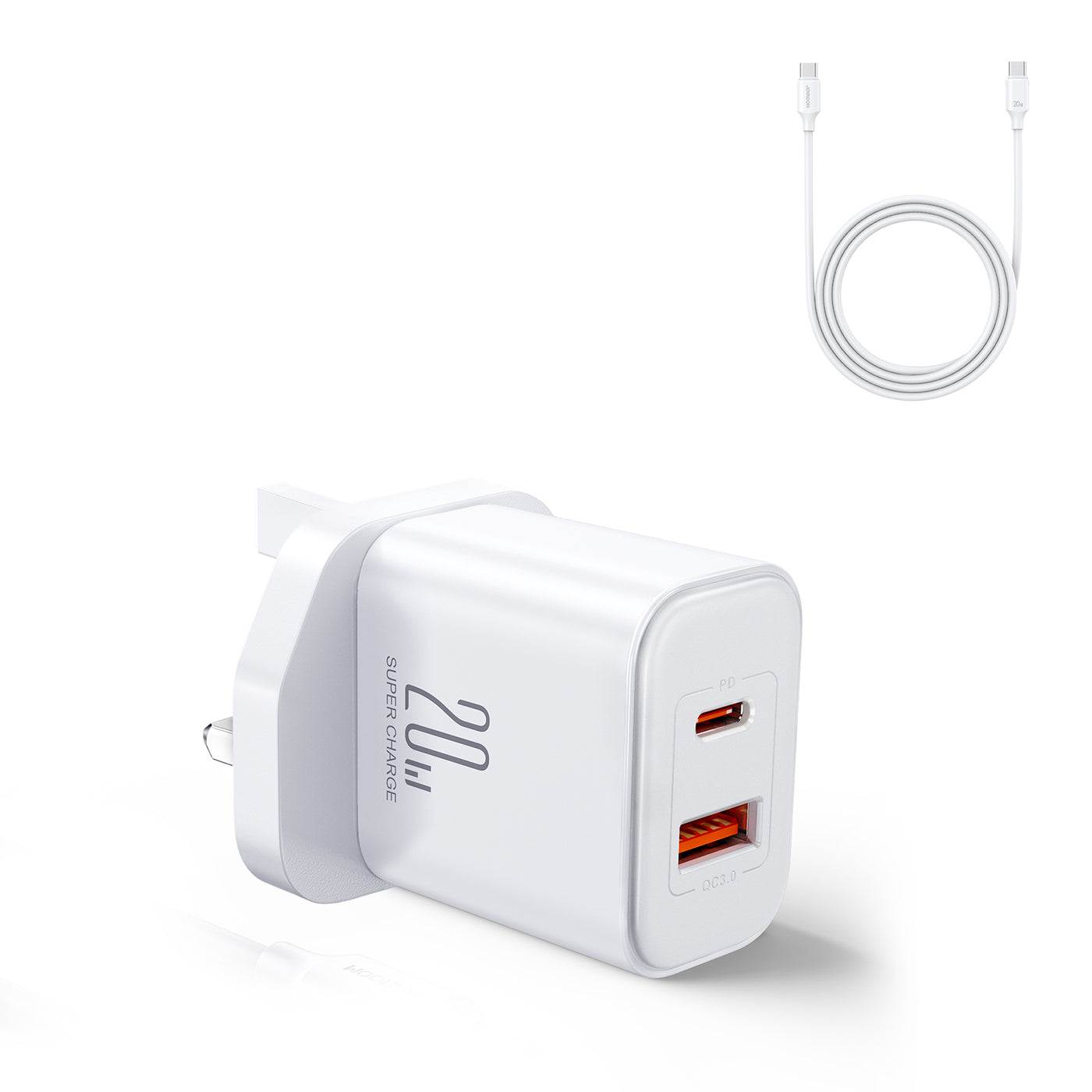 JR-TCF05 20W PD+QC Charger-White(EU/UK/US)+C to C Cable1m