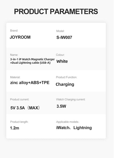 S-IW007 3-in-1 iP Watch Magnetic Charger+Dual Lightning cable (USB-A) 1.2m-White