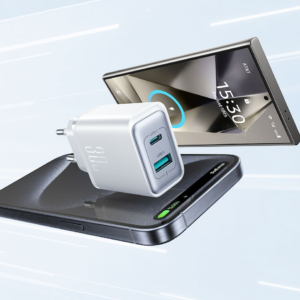 JOYROOM JR-TCF15 compact 30W wall charger charging two smartphones simultaneously