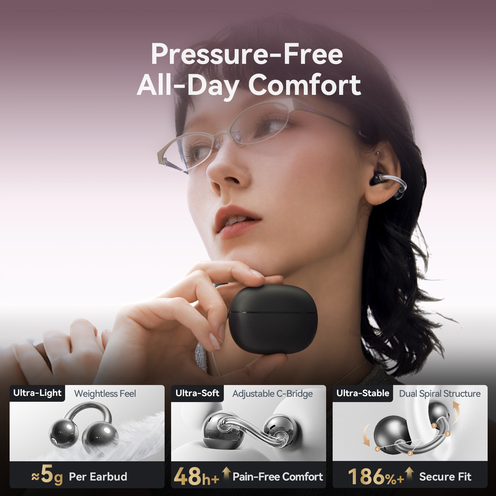 JOYROOM JR-OE5 AI Open-Ear Wireless Earbuds in black showing pressure-free all-day comfort with ultra-light 5g design, adjustable C-bridge, and dual spiral support structure worn by a female model with glasses.