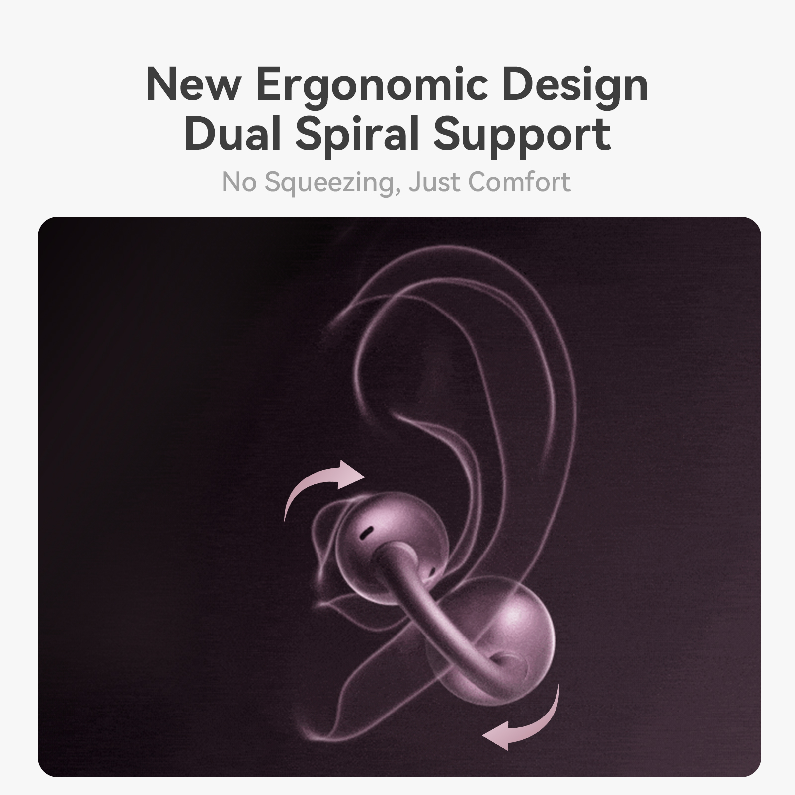 JOYROOM JR-OE5 AI Open-Ear Wireless Earbuds diagram illustrating new ergonomic dual spiral support structure showing force distribution around the ear profile. Heading text reads 'New Ergonomic Design Dual Spiral Support, No Squeezing, Just Comfort
