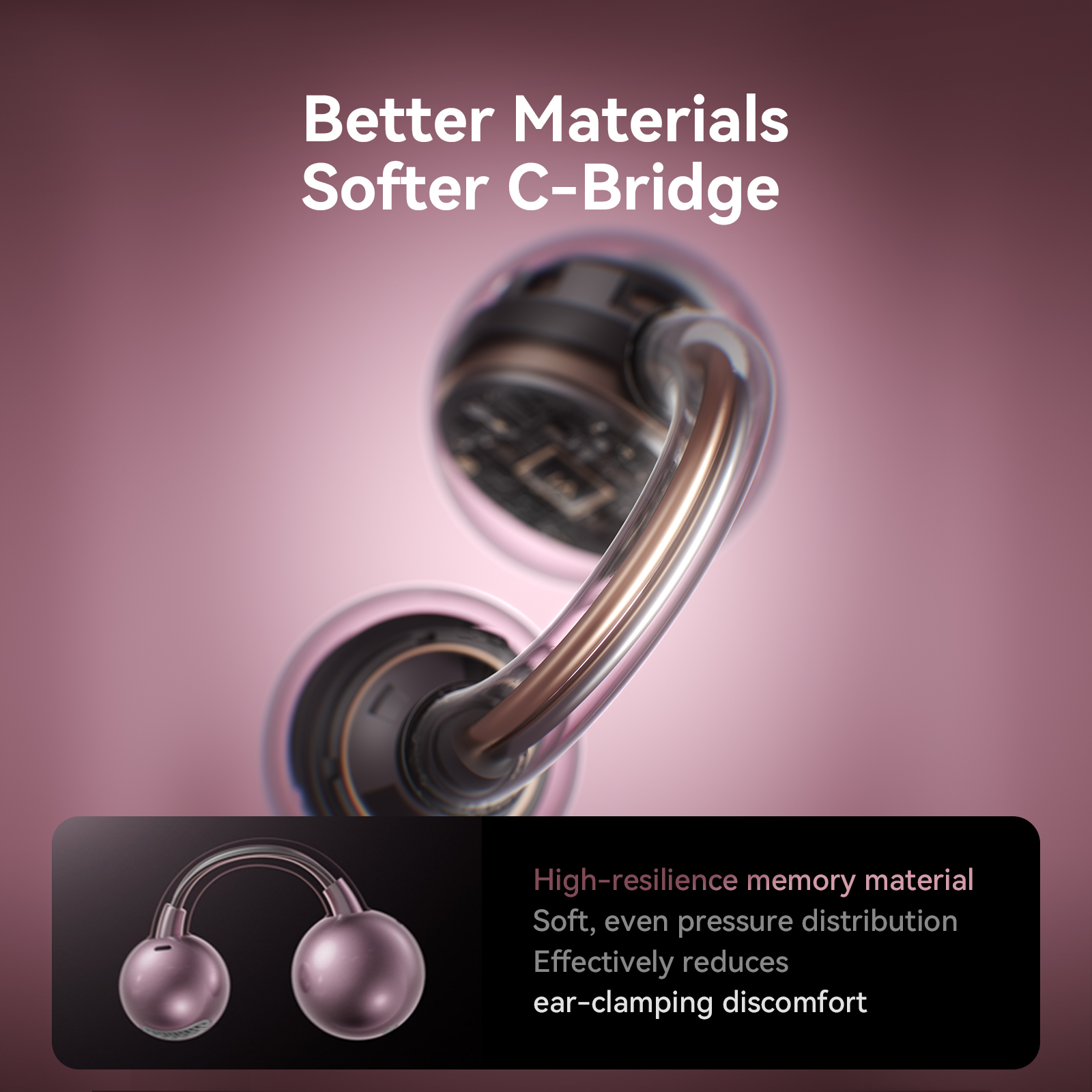 JOYROOM JR-OE5 AI Open-Ear Wireless Earbuds C-bridge structure showing internal nickel-titanium shape-memory alloy core wrapped in soft TPU material. Heading text reads 'Better Materials, Softer C-Bridge