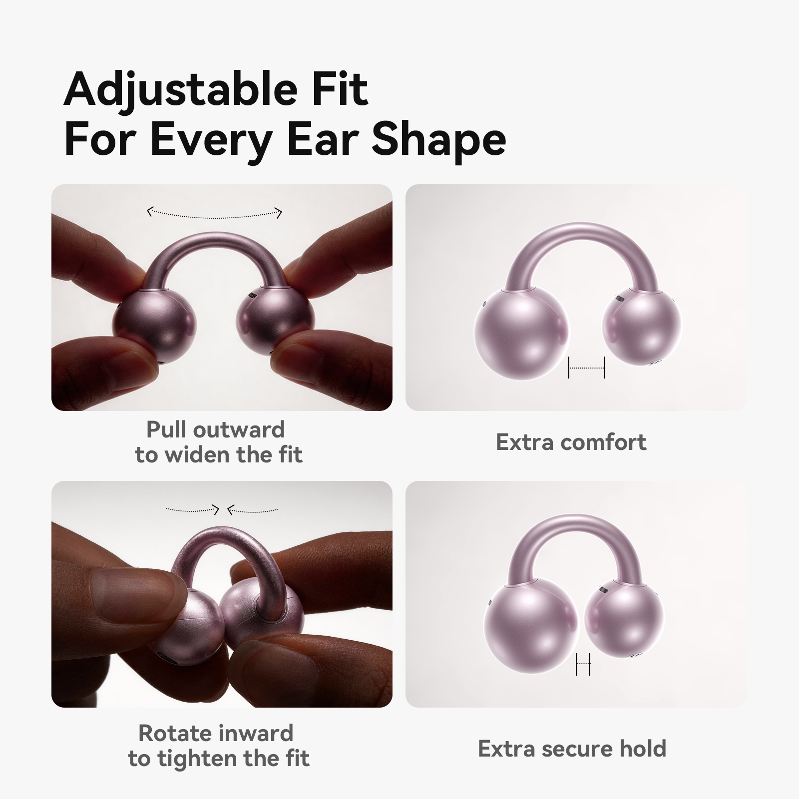 JOYROOM JR-OE5 AI Open-Ear Wireless Earbuds adjustable fit guide demonstrating pulling outward for extra comfort and rotating inward for extra secure hold across different ear shapes