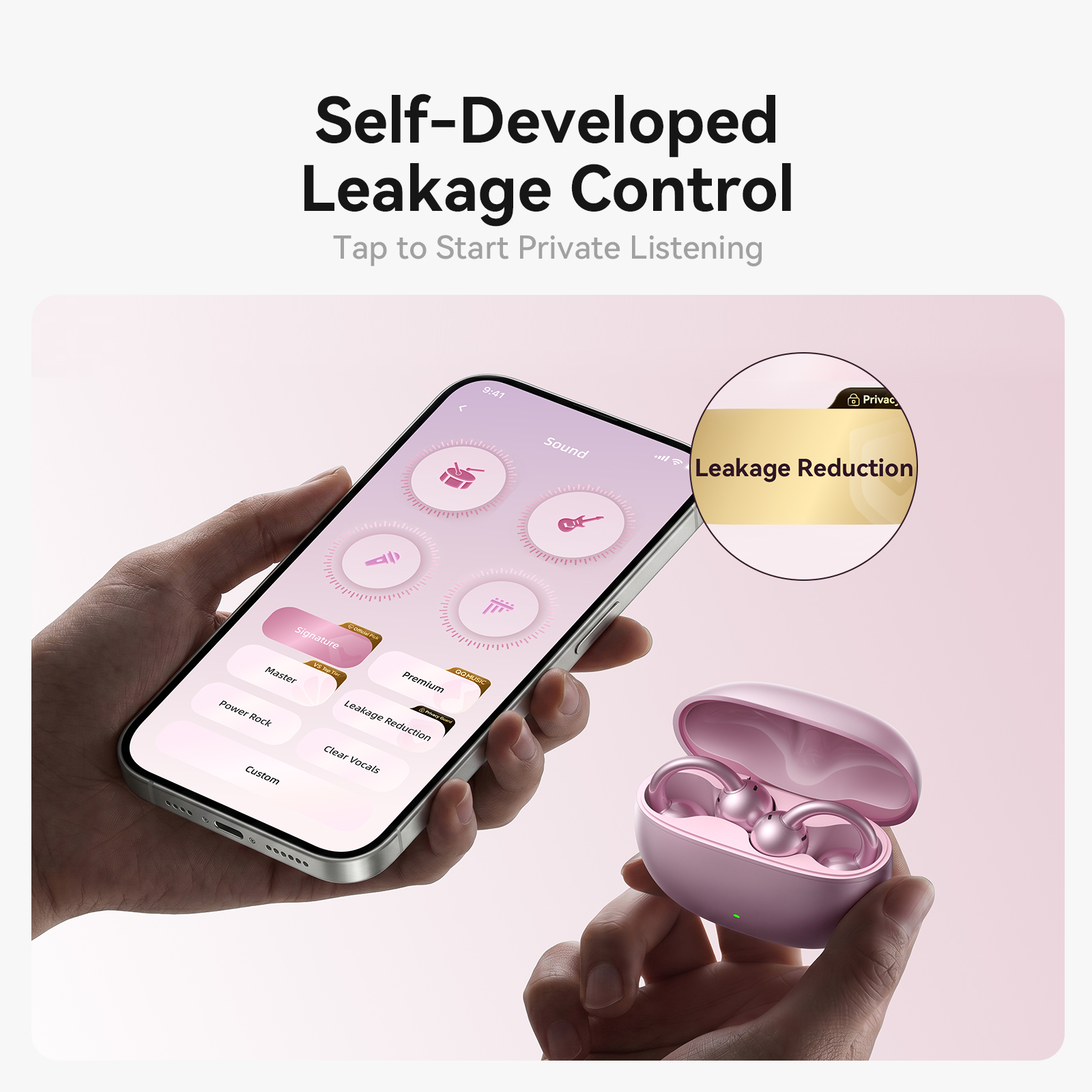 JOYROOM JR-OE5 AI Open-Ear Wireless Earbuds showcasing self-developed directional leakage control and privacy listening mode toggle on the smartphone app screen alongside the pink charging case