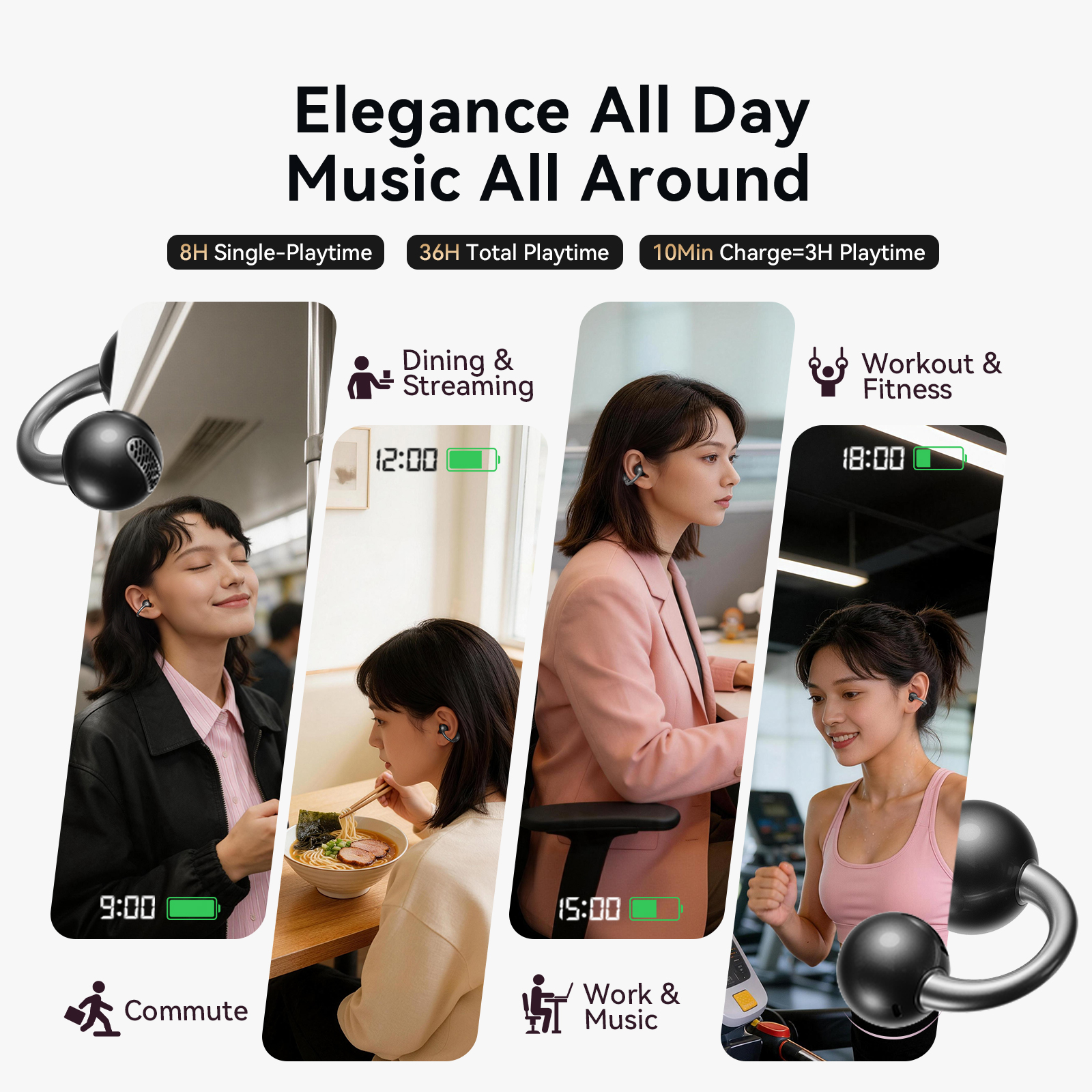 JOYROOM JR-OE5 AI Open-Ear Wireless Earbuds in black showing all-day battery life with 8H single playtime, 36H total playtime, and 10-min fast charging across commute, dining, work, and workout scenarios