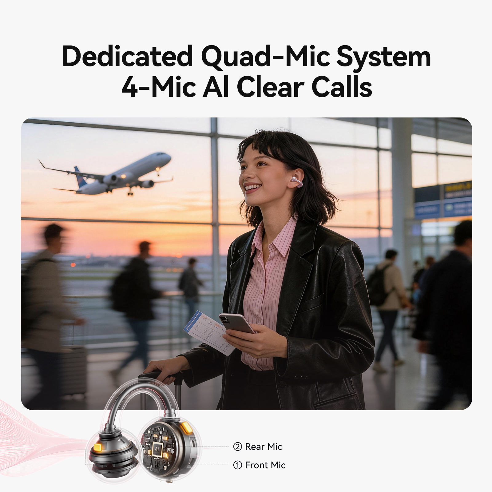 JOYROOM JR-OE5 AI Open-Ear Wireless Earbuds 4-mic AI clear call system showing front mic and rear mic hardware layout worn by a woman at a noisy airport terminal