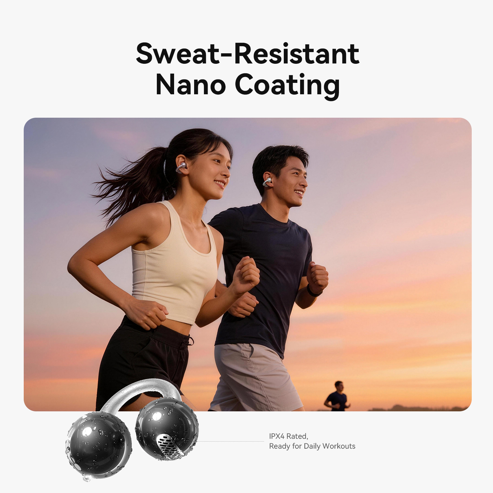 JOYROOM JR-OE5 AI Open-Ear Wireless Earbuds in black displaying IPX4 water resistance and sweat-resistant nano coating worn by a couple running outdoors during sunset