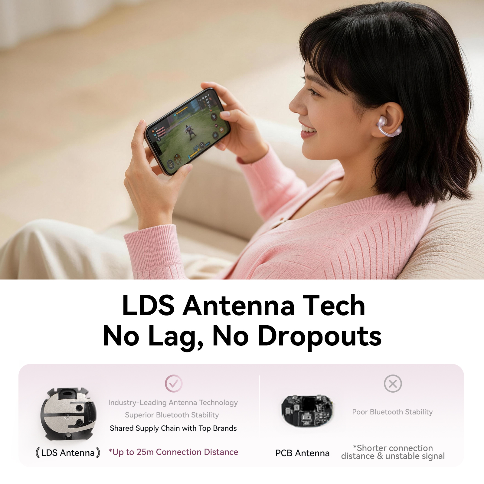 JOYROOM JR-OE5 AI Open-Ear Wireless Earbuds featuring LDS antenna technology for ultra-stable connection with up to 25m range compared against traditional PCB antenna shown alongside a woman playing mobile games