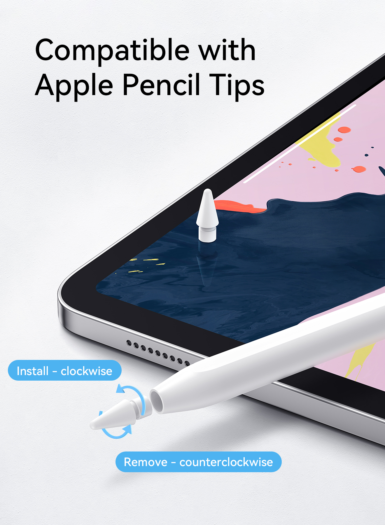 JOYROOM JR-X9S PRO active capacitive stylus pen showing compatibility with Apple Pencil tips and clockwise install or counterclockwise remove screw mechanism