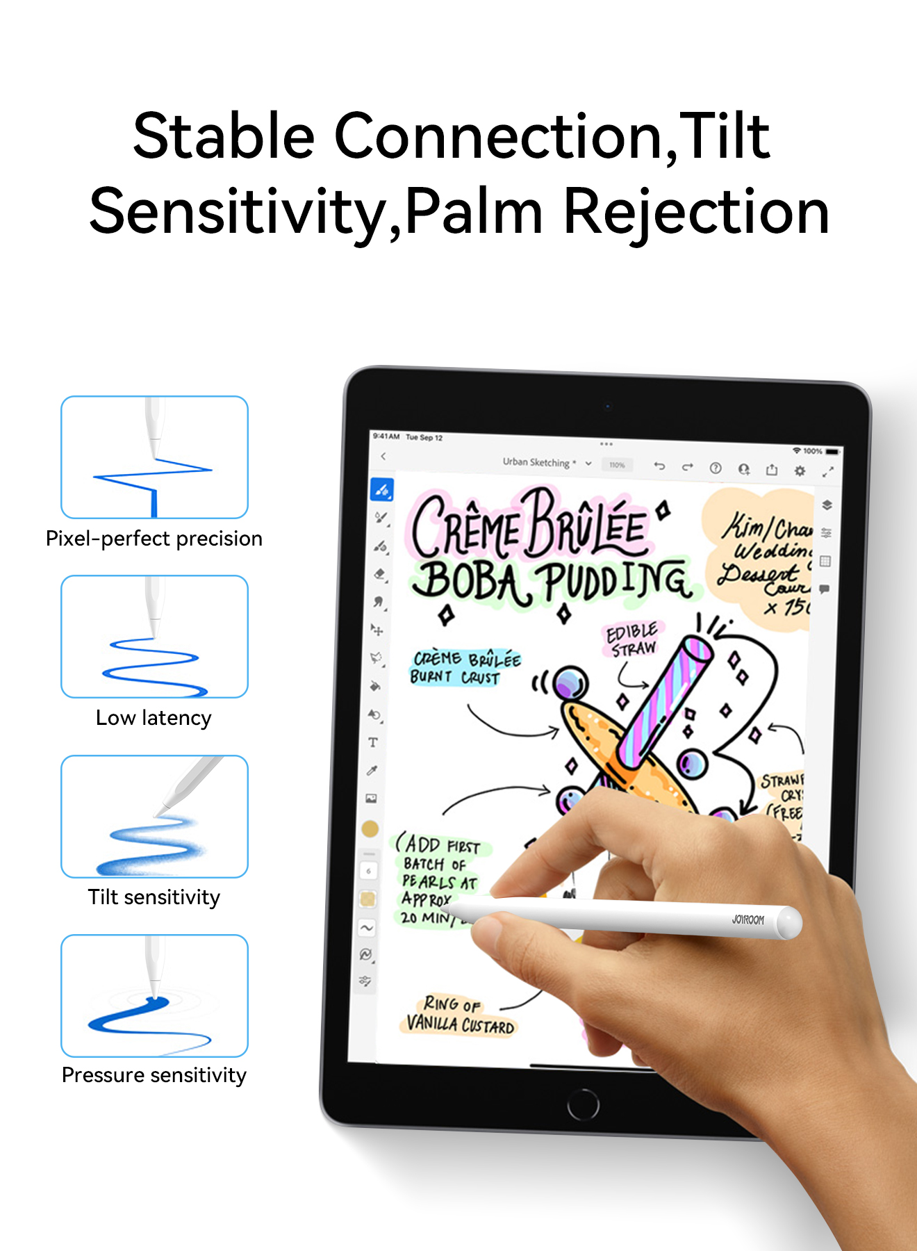 Hand writing with white JOYROOM JR-active capacitive pen on iPad screen with boba pudding text and drawing, surrounded by icons demonstrating pixel-perfect precision, low latency, tilt sensitivity, and pressure sensitivity features for drawing and note-taking