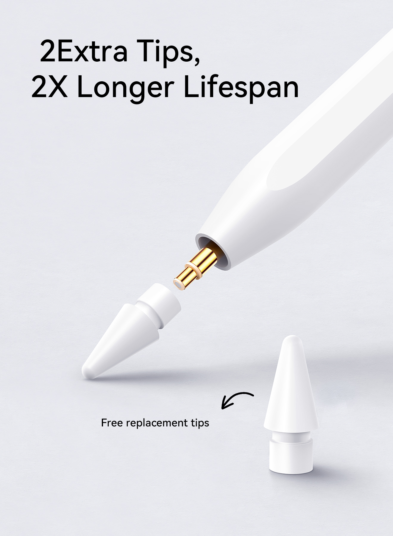 JOYROOM JR-X9S PRO active capacitive stylus pen tip exploded view displaying gold-plated internal pin with two free extra replacement tips for extended lifespan