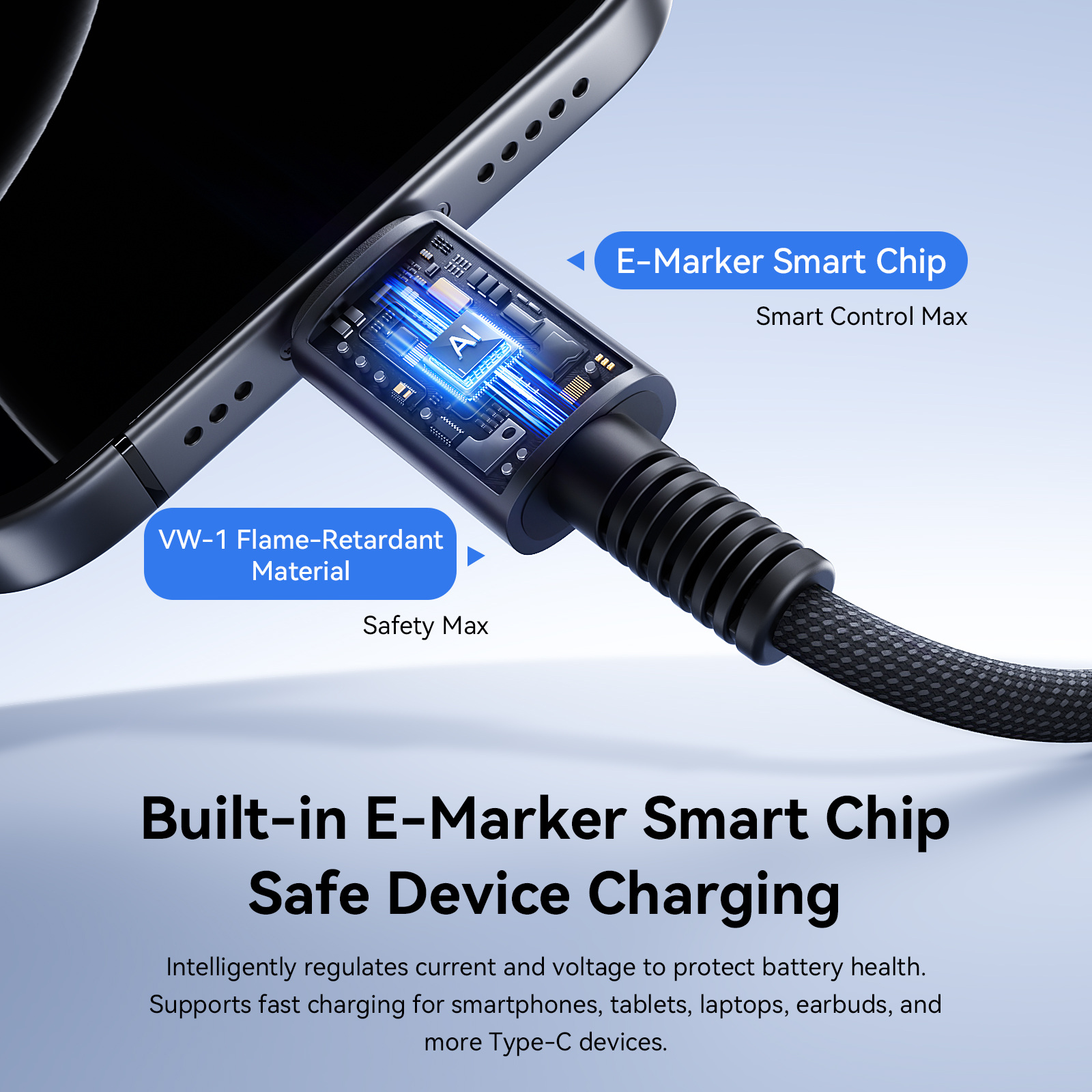 JOYROOM AC40 Type-C to Type-C 140W cable X-ray view showing built-in E-Marker smart chip and VW-1 flame-retardant material