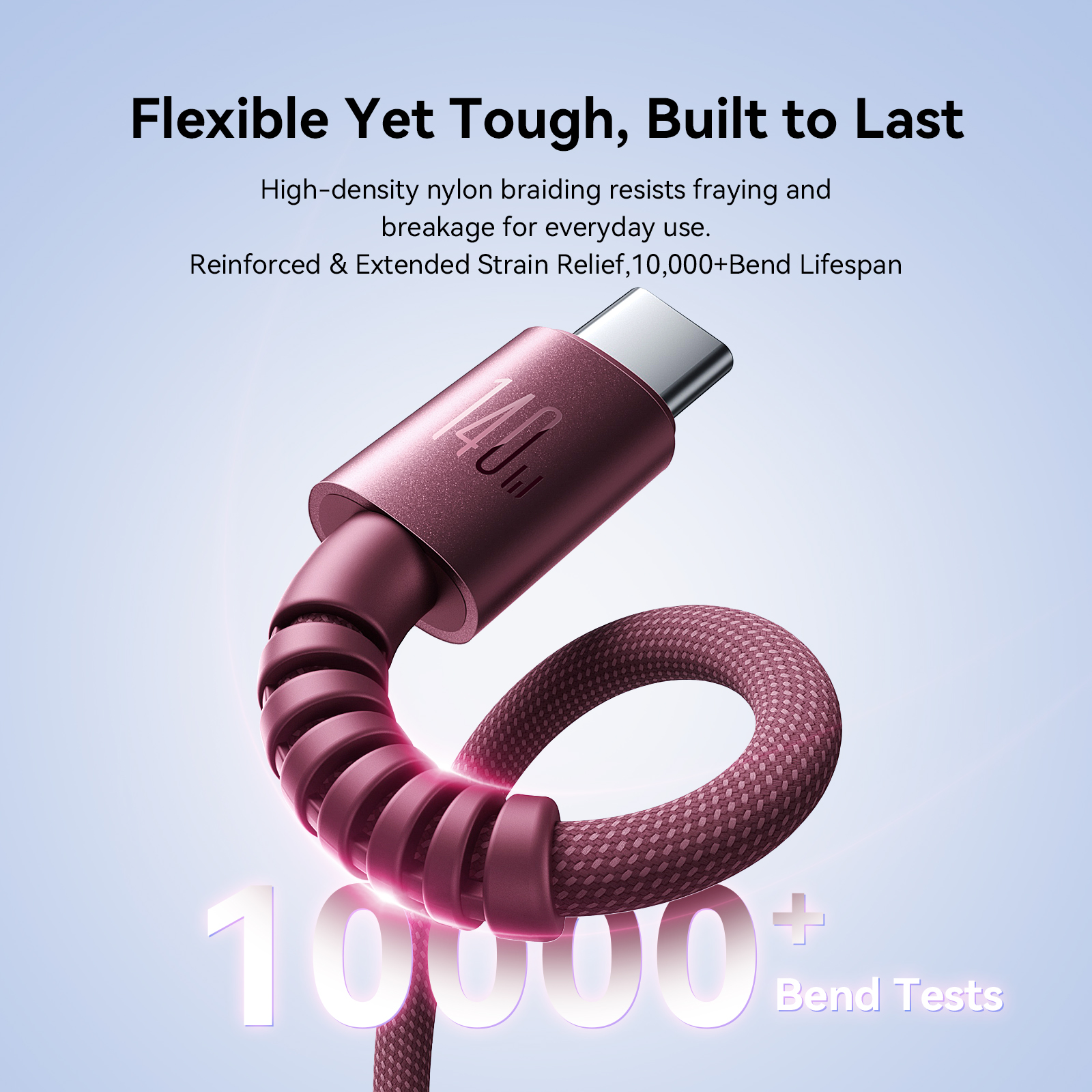 JOYROOM AC40 Type-C to Type-C 140W cable dark cherry high-density nylon braided showing extreme flexibility with 10000 plus bend tests passed