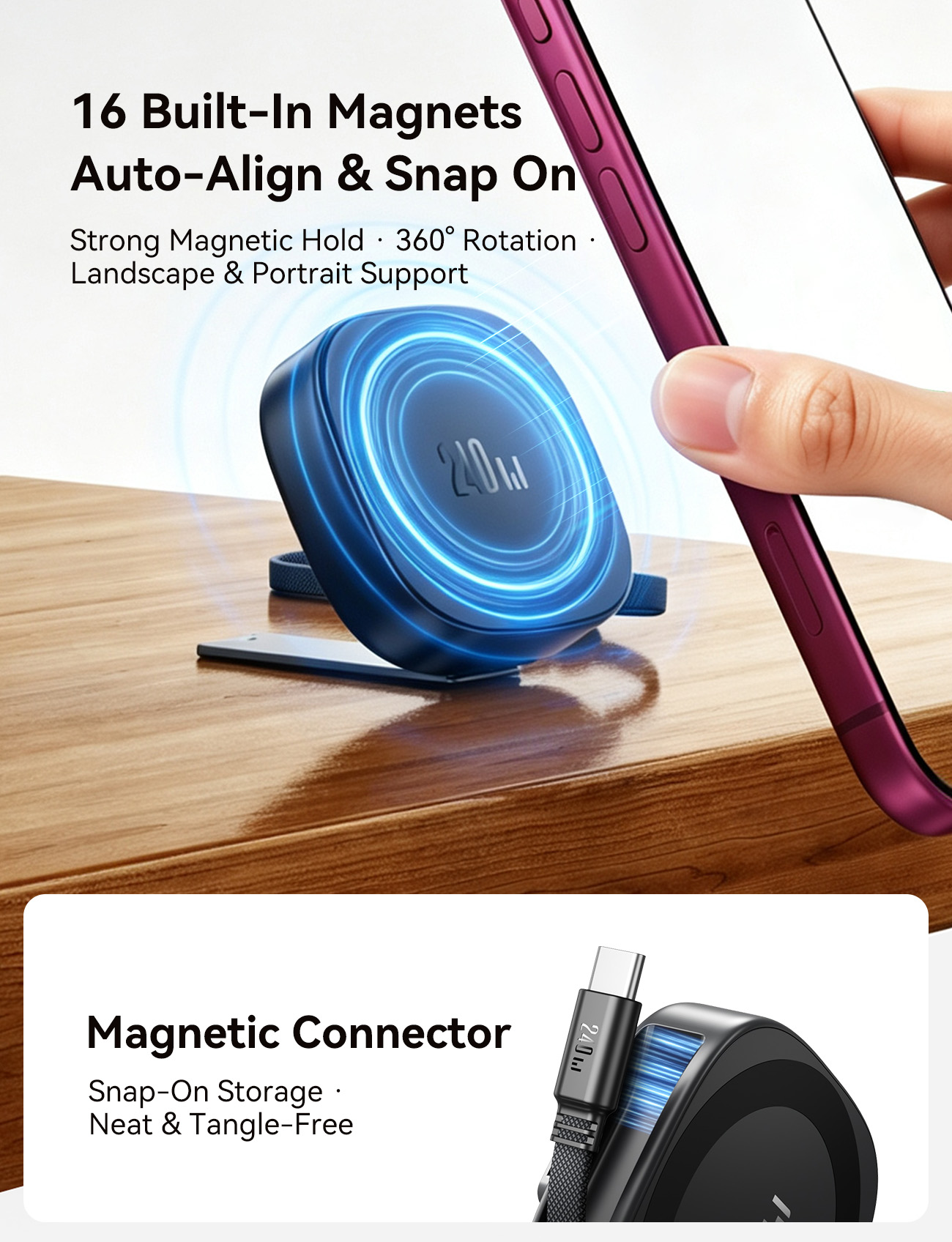 AR50 magnetic phone holder with 16 built-in magnets auto-aligning to phone on desk and magnetic connector snap-on storage.