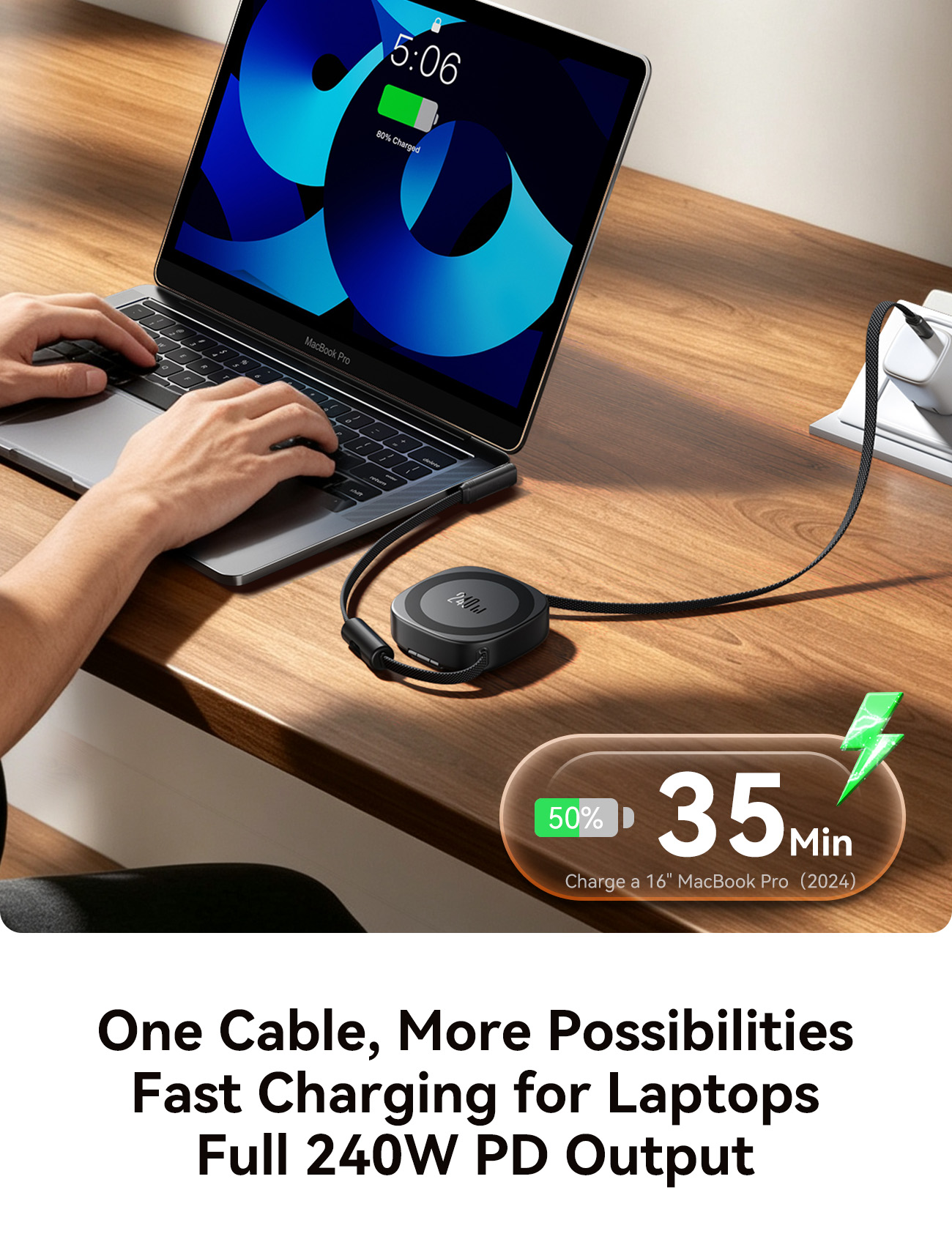 AR50 240W PD fast charging retractable Type-C cable charging a MacBook Pro laptop on wooden desk, reaching 50 percent battery in 35 minutes.