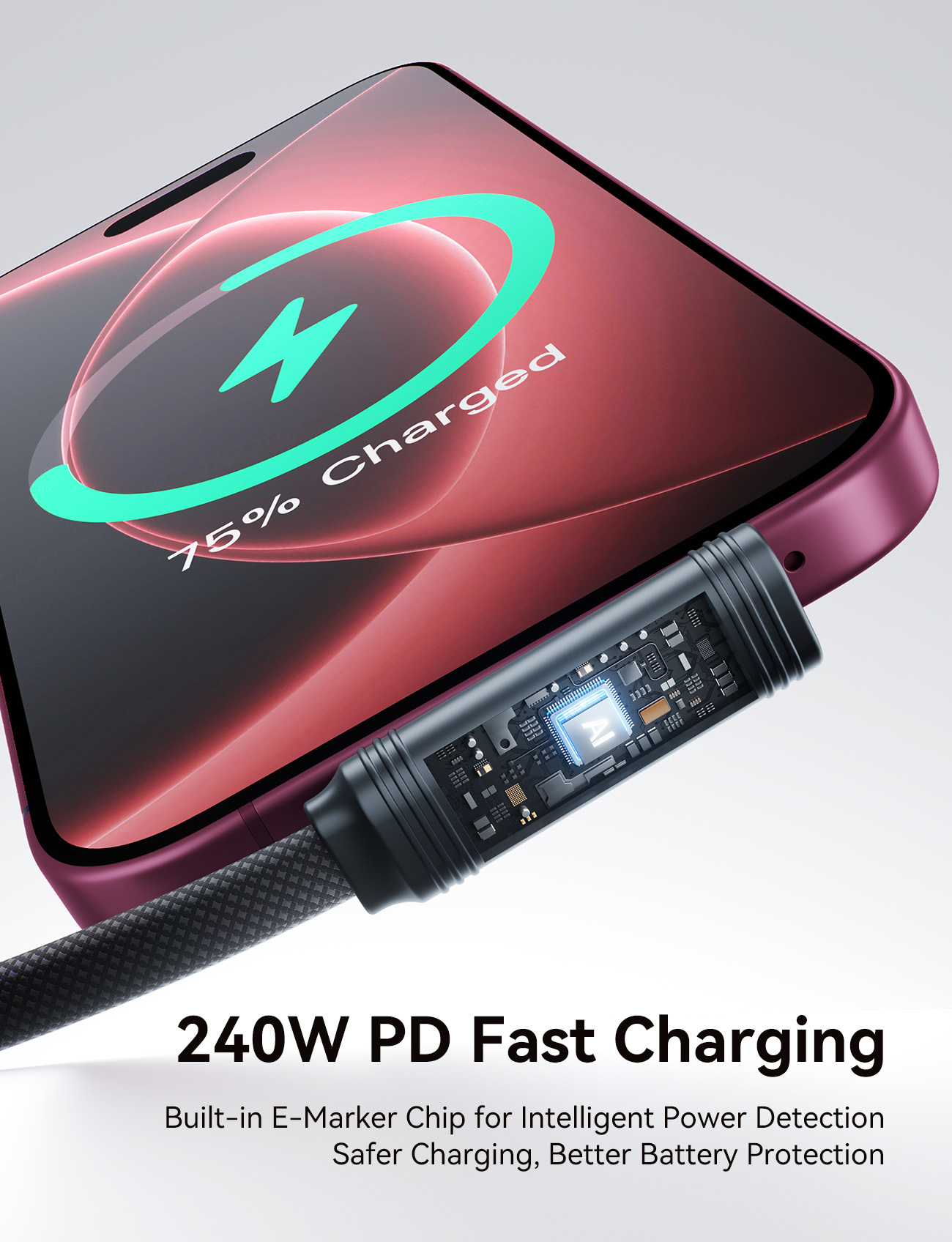 AR50 240W USB-C fast charging cable showing transparent view of built-in E-Marker chip connected to phone displaying fast charge status.