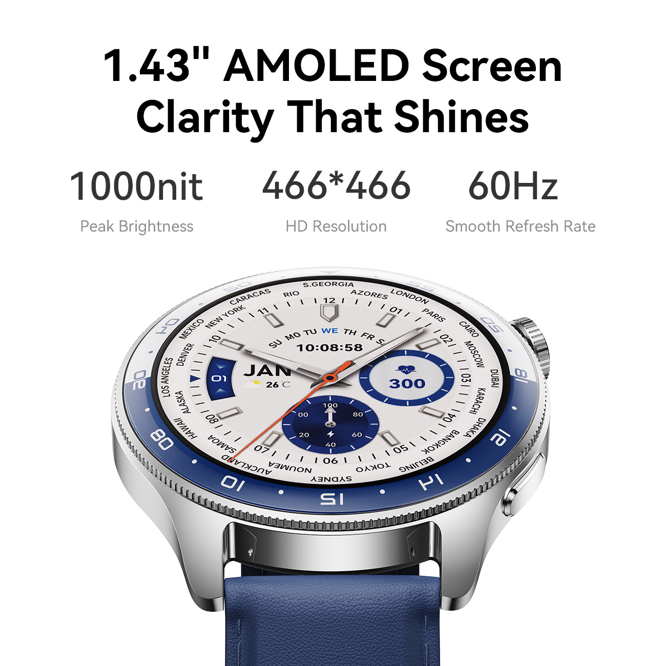 JOYROOM Classic Series JR-FC3 Smart Watch front view displaying 1.43-inch AMOLED screen with 1000nits peak brightness, 466x466 resolution, and 60Hz refresh rate