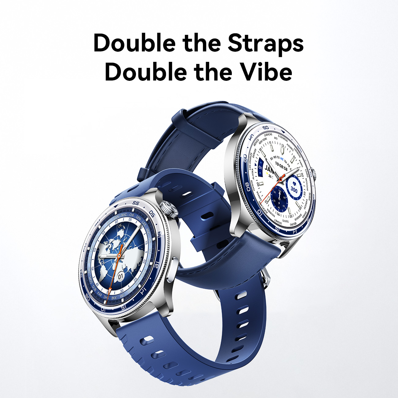 JOYROOM Classic Series JR-FC3 Smart Watch with classic round dial displayed in two strap options including blue leather and blue silicone to match different vibes