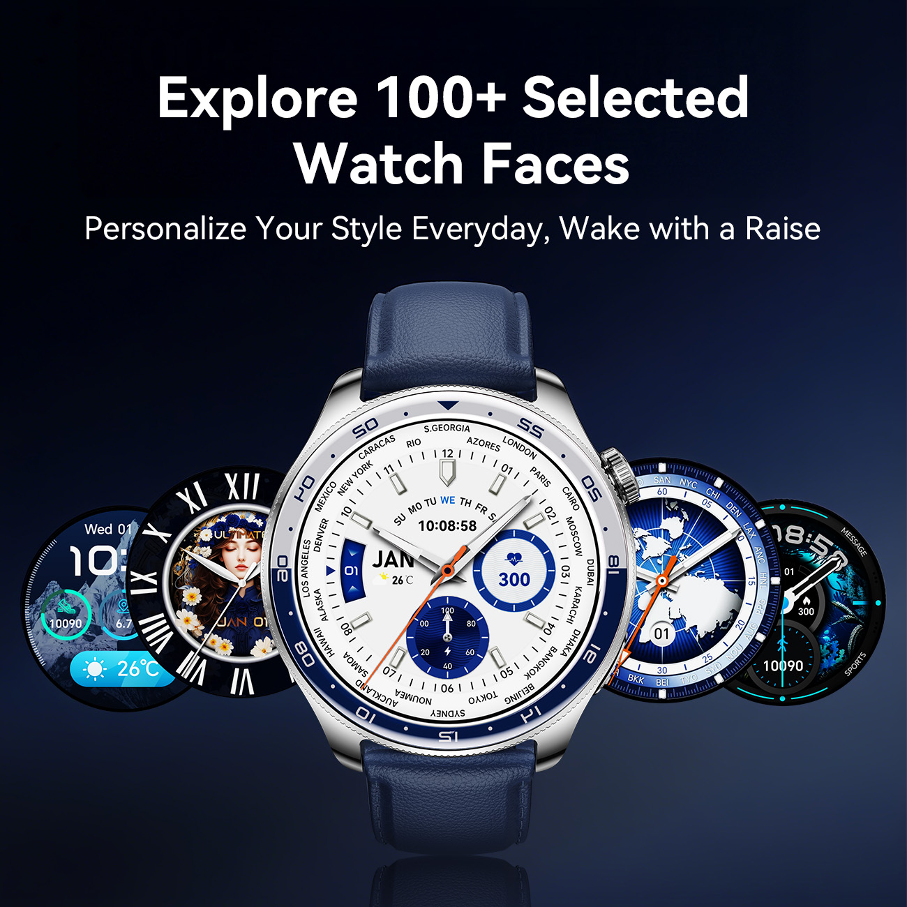JOYROOM Classic Series JR-FC3 Smart Watch with blue leather strap displaying a central classic watch face surrounded by 100+ customizable watch face options