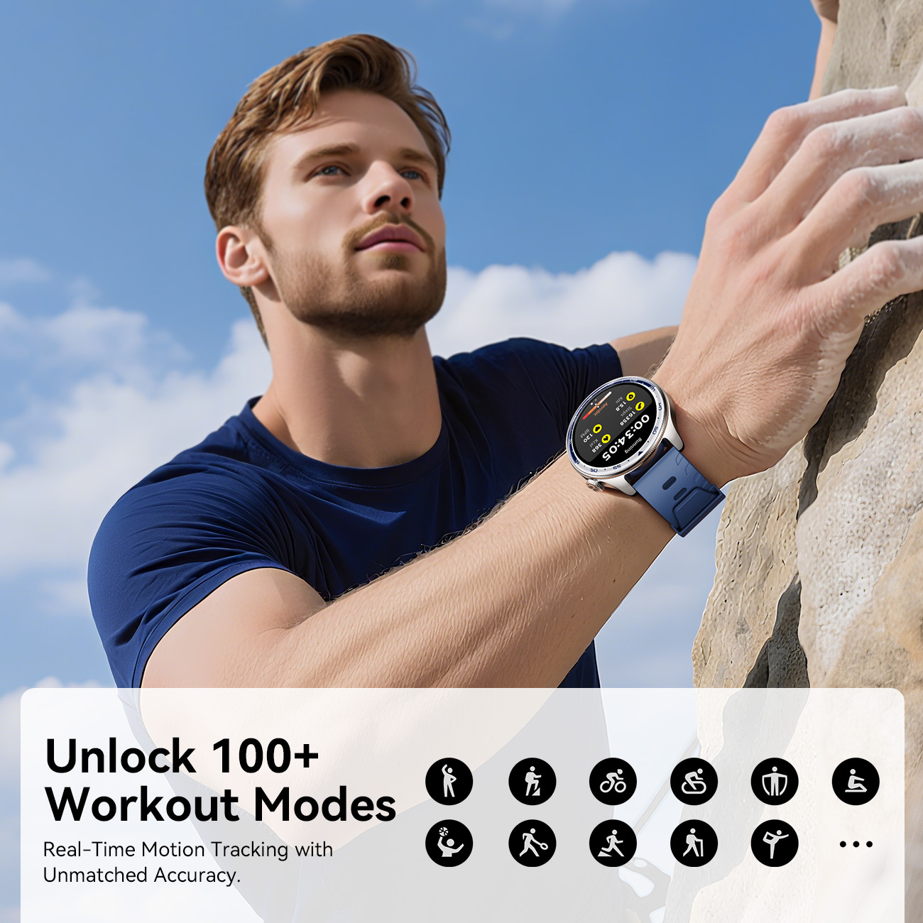 JOYROOM Classic Series JR-FC3 Smart Watch with blue silicone sports strap worn during rock climbing with active 100+ Workout Modes data display and fitness icons diagram