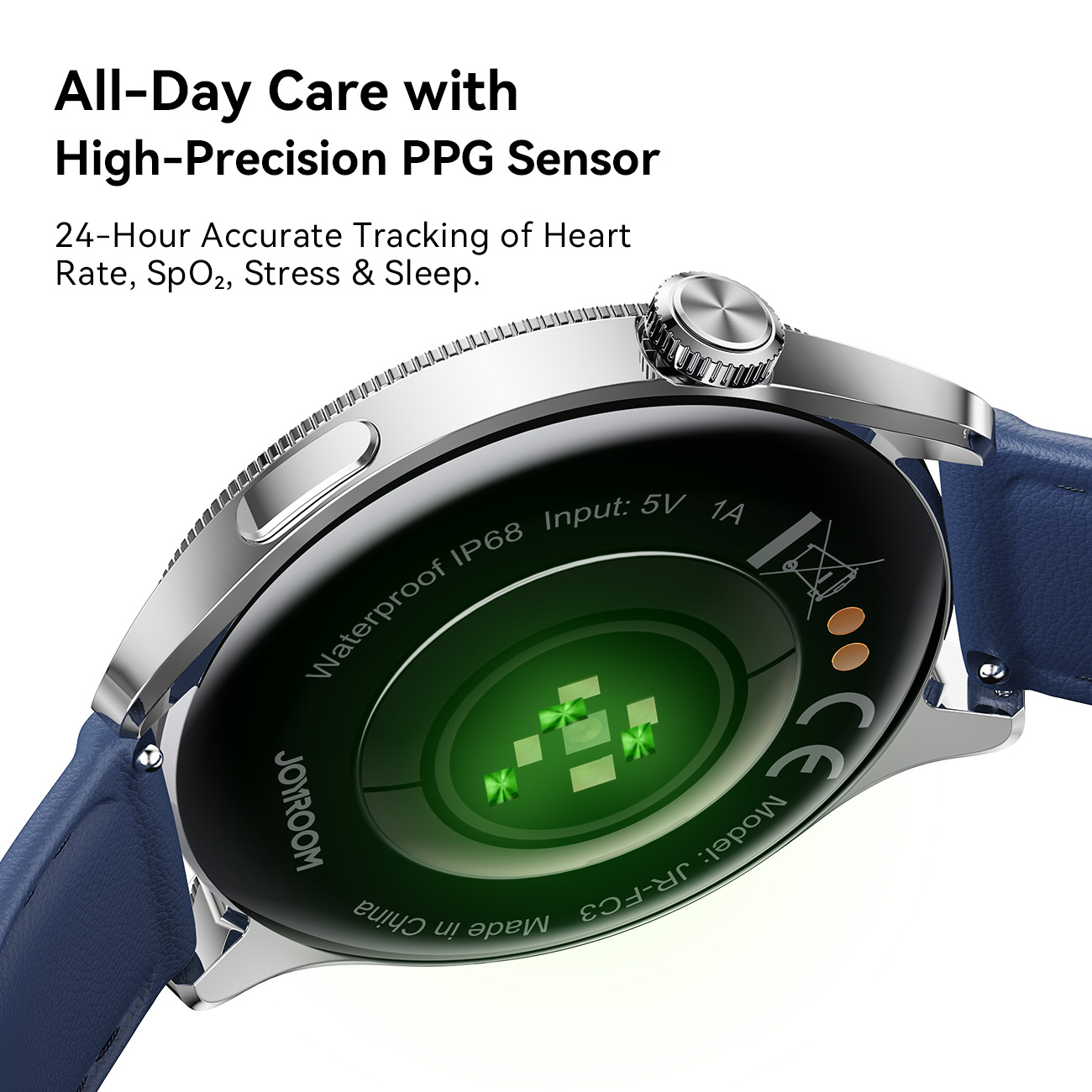 JOYROOM Classic Series JR-FC3 Smart Watch bottom view showing high-precision PPG optical sensor glowing green light for 24h health tracking including heart rate, SpO2, stress, and sleep