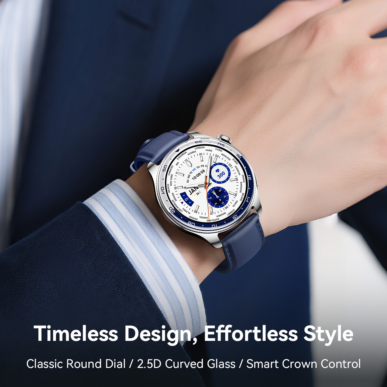 JOYROOM Classic Series JR-FC3 Smart Watch with classic round dial, 2.5D curved glass, blue leather strap, and smart crown control worn with business suit