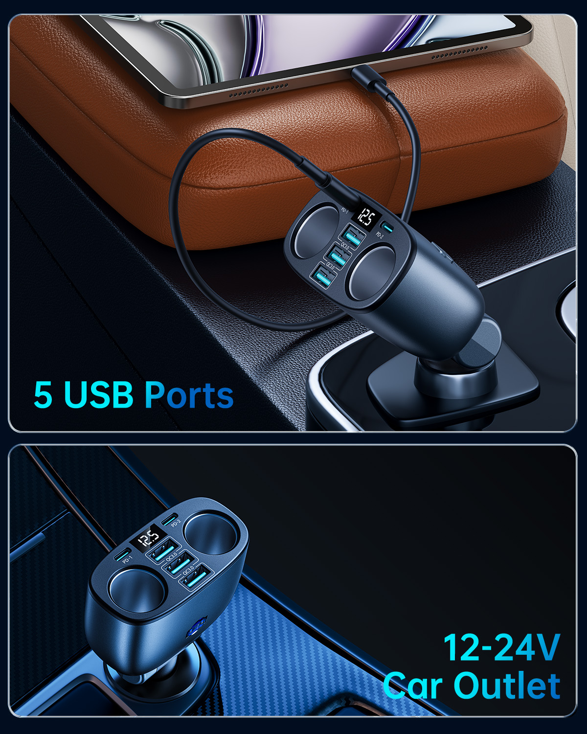 JOYROOM JR-CL51 195W car adapter showcasing 5 USB ports charging an iPad in 12-24V car outlet