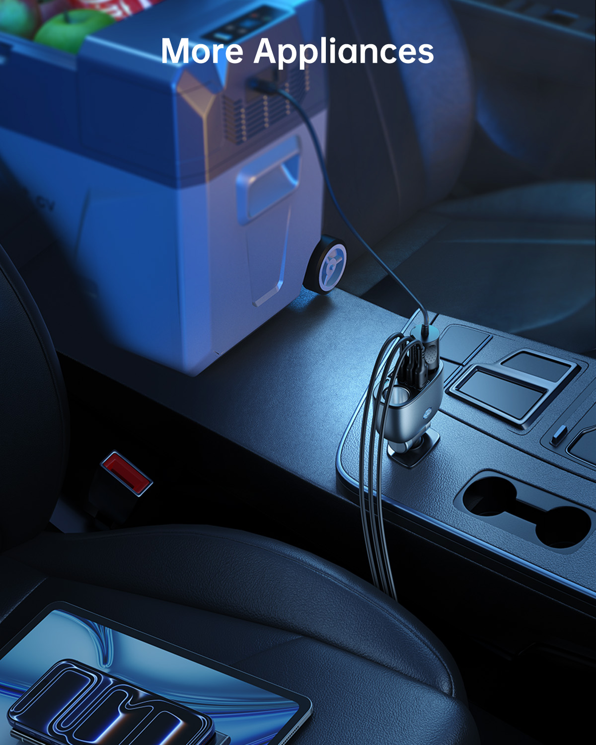 JOYROOM JR-CL51 195W car adapter powering a portable car fridge and smart devices in car interior