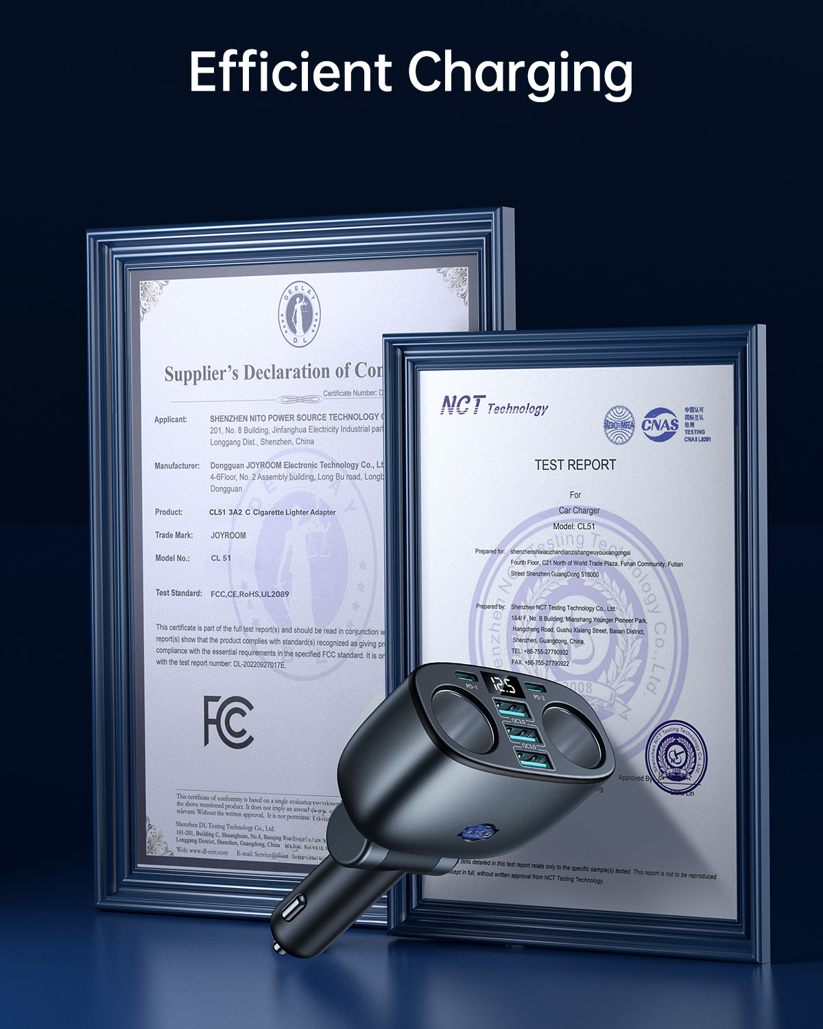 JOYROOM JR-CL51 195W car charger splitter with official FCC CE RoHS UL2089 safety certificates and test report