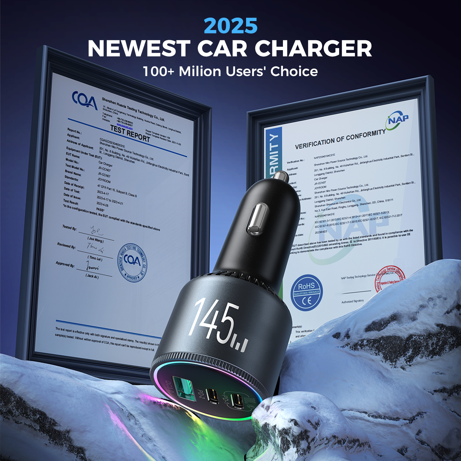 JOYROOM JR-CCN07 145W car charger with official CE RoHS certifications and test report background