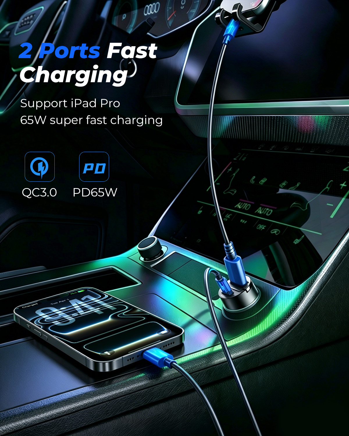 JOYROOM JR-CCN18 65W A+C pull-ring style mini car charger charging smartphone and iPad Pro simultaneously in car interior