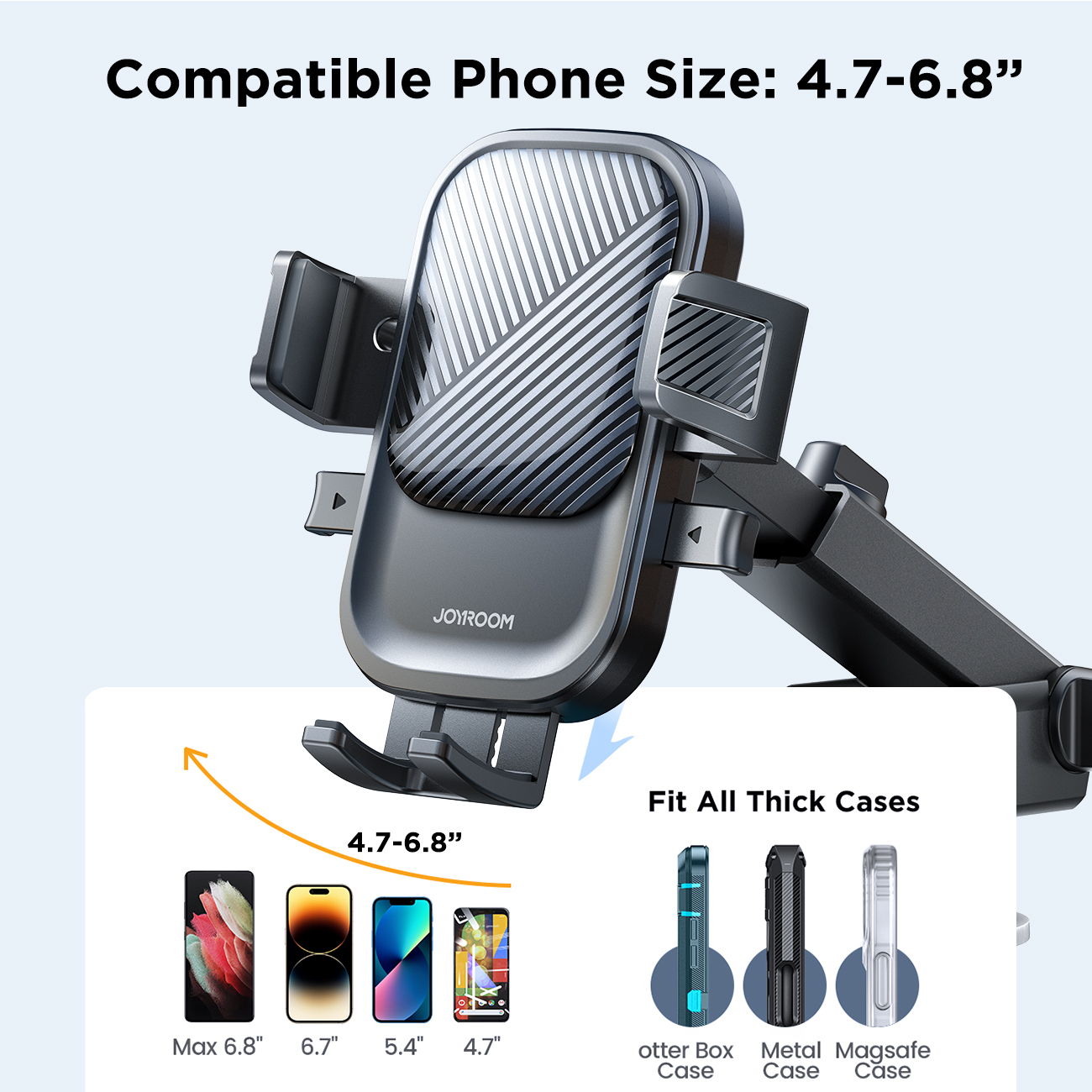 JOYROOM JR-OK6 Car Phone Dashboard Mount compatibility chart showing support for 4.7 to 6.8-inch smartphones and thick phone cases like OtterBox, metal cases, and MagSafe cases. Heading text reads 'Compatible Phone Size: 4.7-6.8"