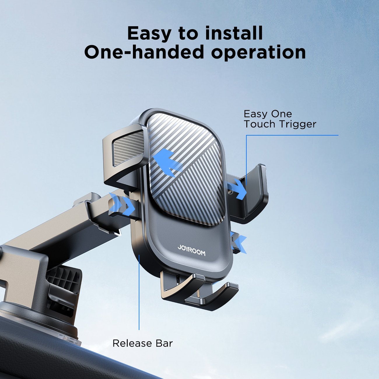 JOYROOM JR-OK6 Car Phone Dashboard Mount in Black demonstrating one-button automatic clamping mechanism with side release bars and easy one-touch trigger button. Heading text reads 'Easy to install, One-handed operation