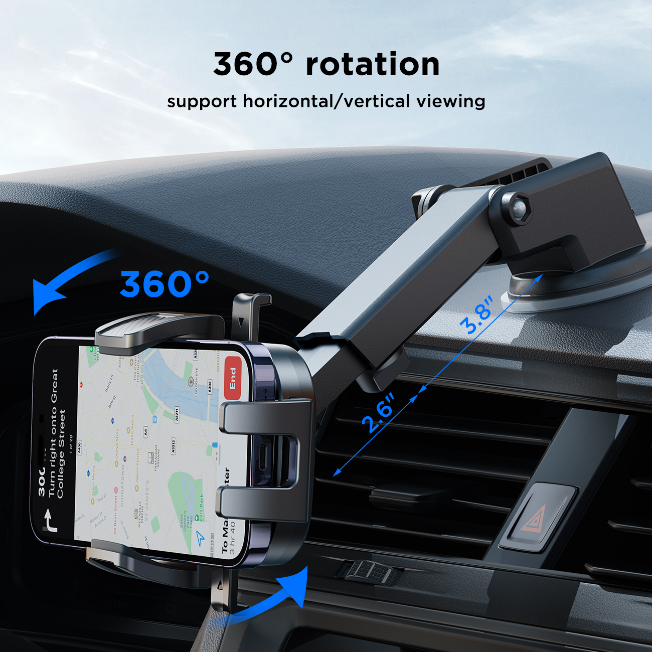 JOYROOM JR-OK6 Car Phone Dashboard Mount showing 360-degree rotation for horizontal viewing and adjustable telescopic arm extending from 2.6 to 3.8 inches. Heading text reads '360 rotation, support horizontal/vertical viewing