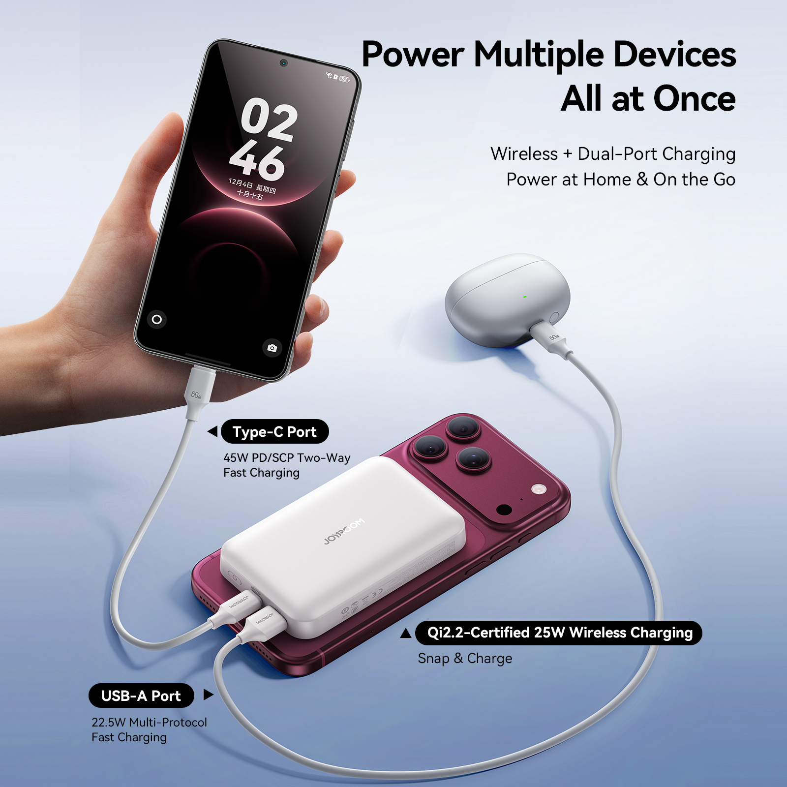 JOYROOM JR-W020 Pro magnetic power bank charging 3 devices with Qi2.2 25W wireless Type-C 45W and USB-A 22.5W