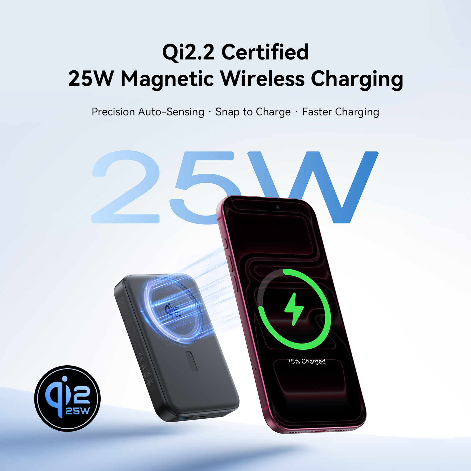 JOYROOM JR-W020 Pro Qi2.2 certified 25W magnetic wireless power bank snapping onto smartphone to fast charge