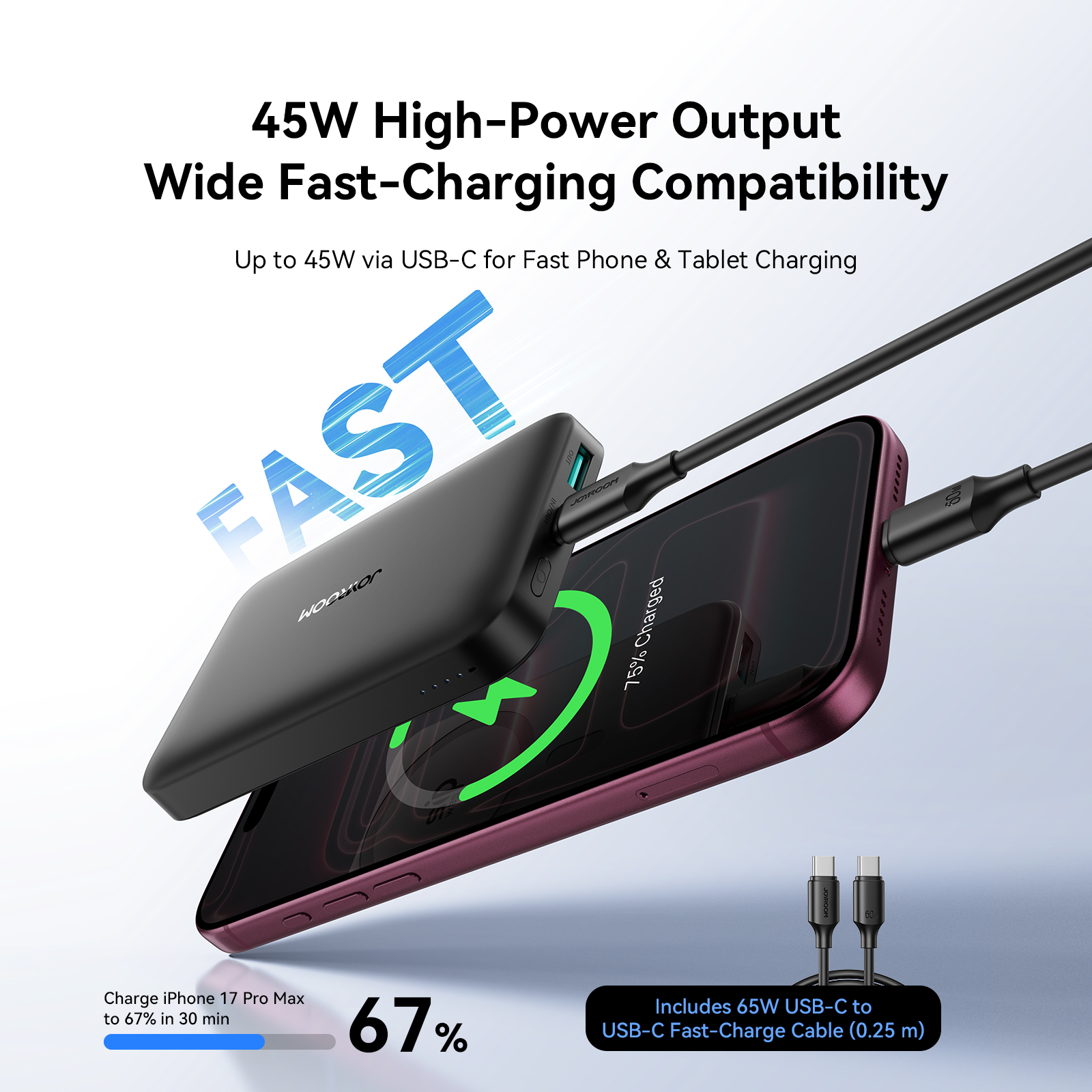 JOYROOM JR-W020 Pro 45W magnetic power bank fast charging phone via USB-C cable with 65W short cable included