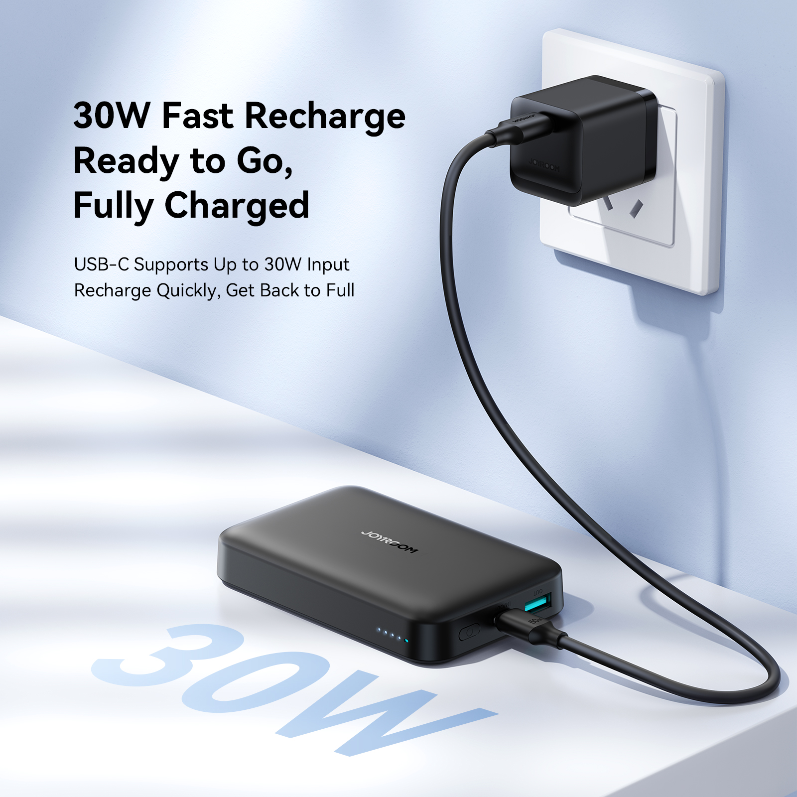 JOYROOM JR-W020 Pro 10000mAh magnetic power bank recharging via 30W USB-C input from wall charger