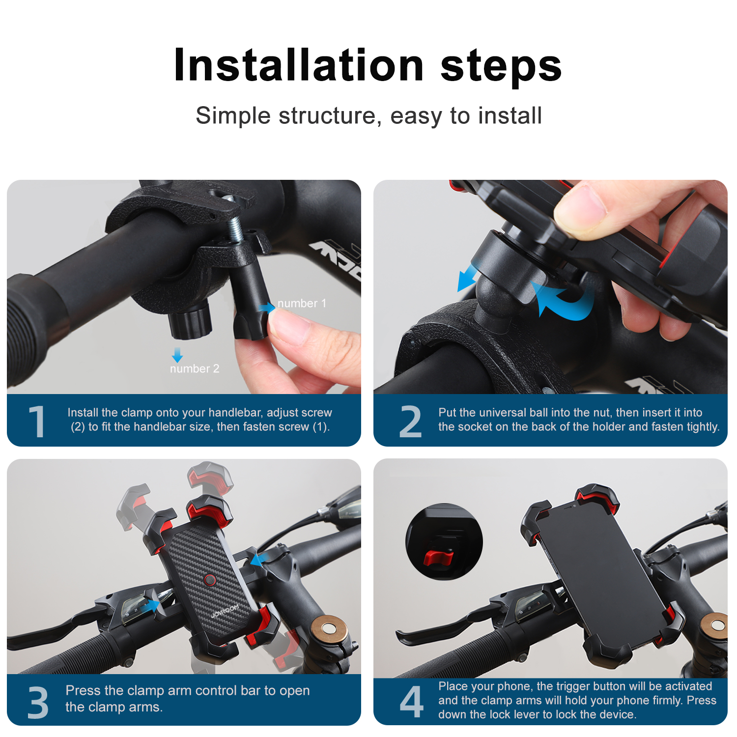 4-step installation guide diagram for JOYROOM JR-ZS288 Bike Phone Mount. Demonstrates clamping to handlebar, attaching universal ball joint, opening clamp arms, and mounting phone with safety lock lever. Heading text reads 'Installation steps, Simple structure, easy to install