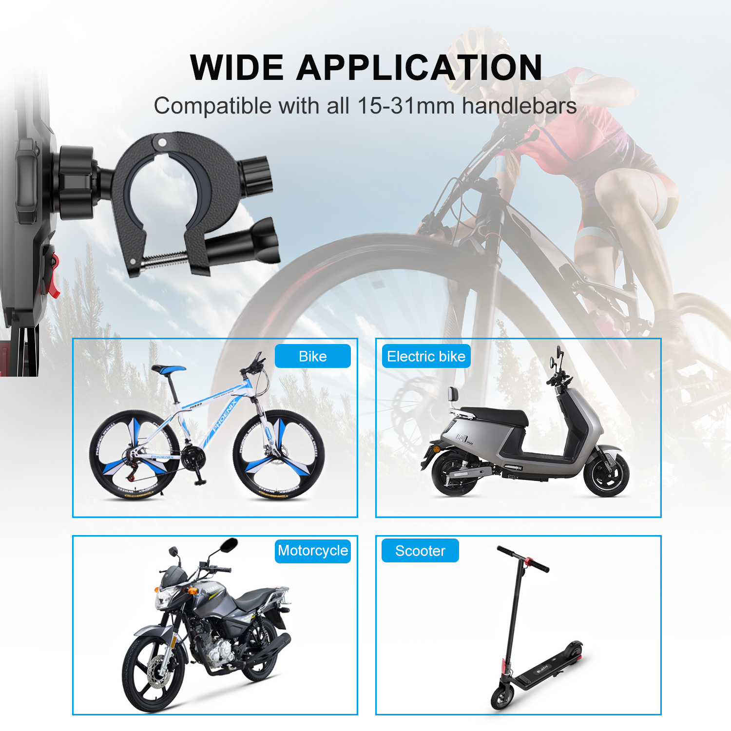 JOYROOM JR-ZS288 Bike Phone Mount wide application diagram showing 15-31mm handlebar clamp compatibility with bike, electric bike, motorcycle, and scooter. Heading text reads 'WIDE APPLICATION, Compatible with all 15-31mm handlebars