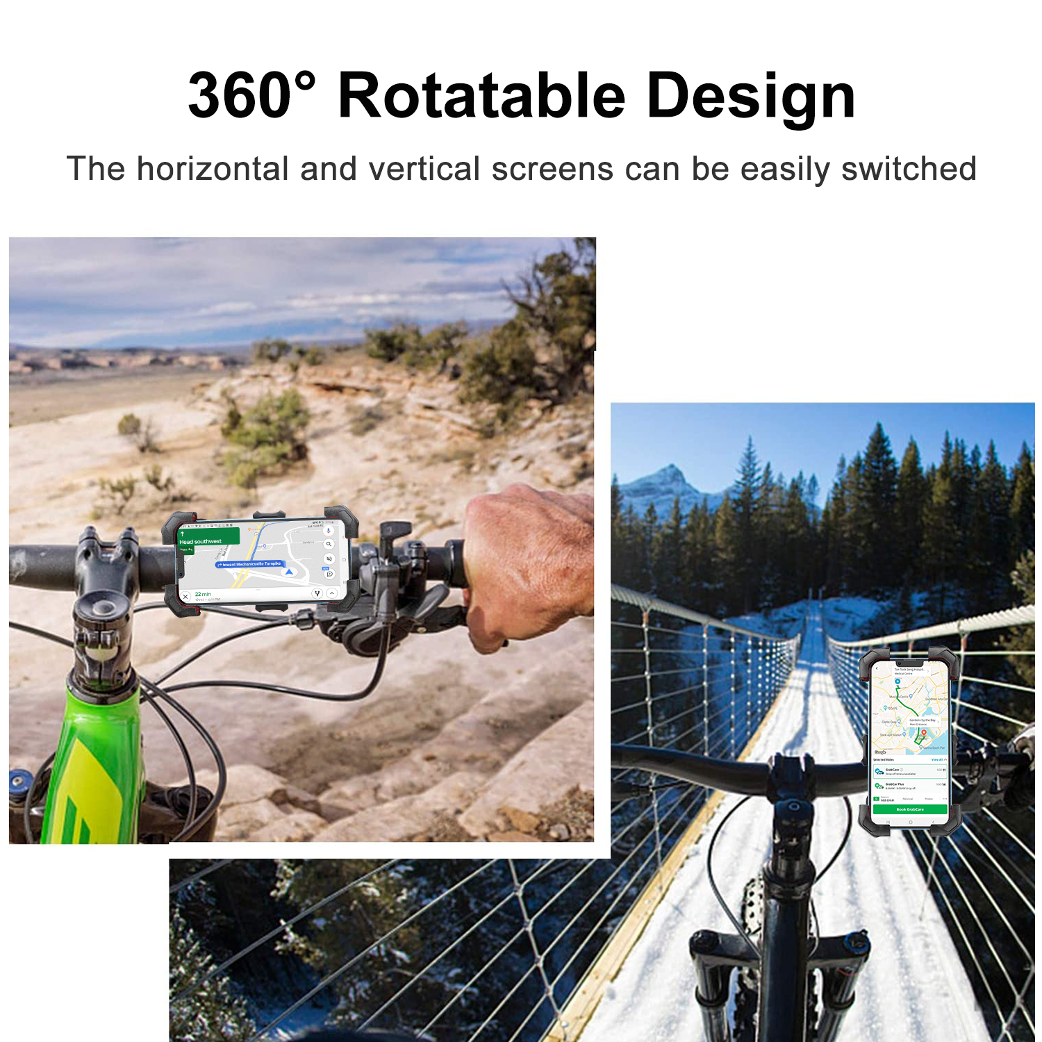 JOYROOM JR-ZS288 Bike Phone Mount with 360 rotatable design showing horizontal and vertical screen modes for easy GPS navigation on bicycle handlebars. Heading text reads '360 Rotatable Design, The horizontal and vertical screens can be easily switched.