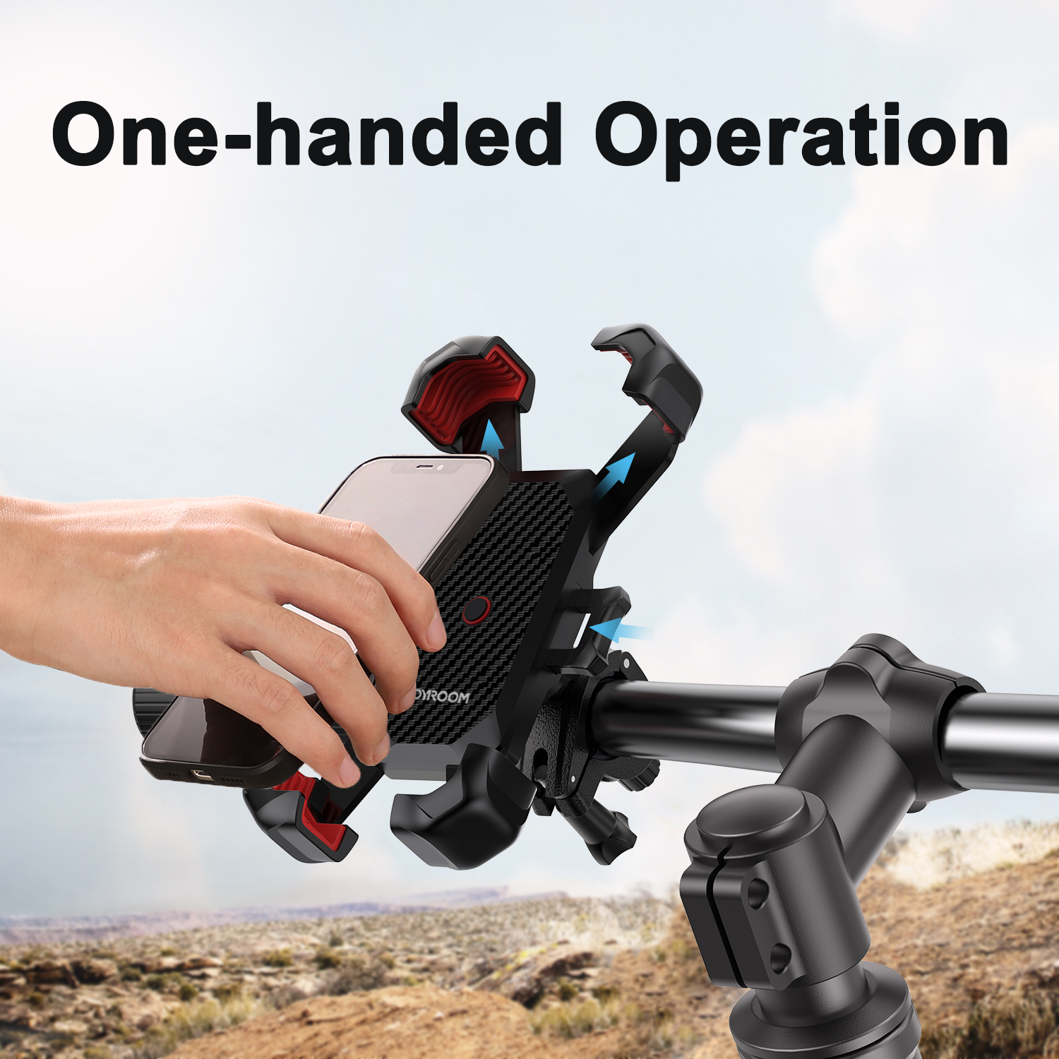 One-handed operation of JOYROOM JR-ZS288 Bike Phone Mount showing auto shrink 4-claw design for effortless phone installation on bicycle handlebars. Heading text reads 'One-handed Operation
