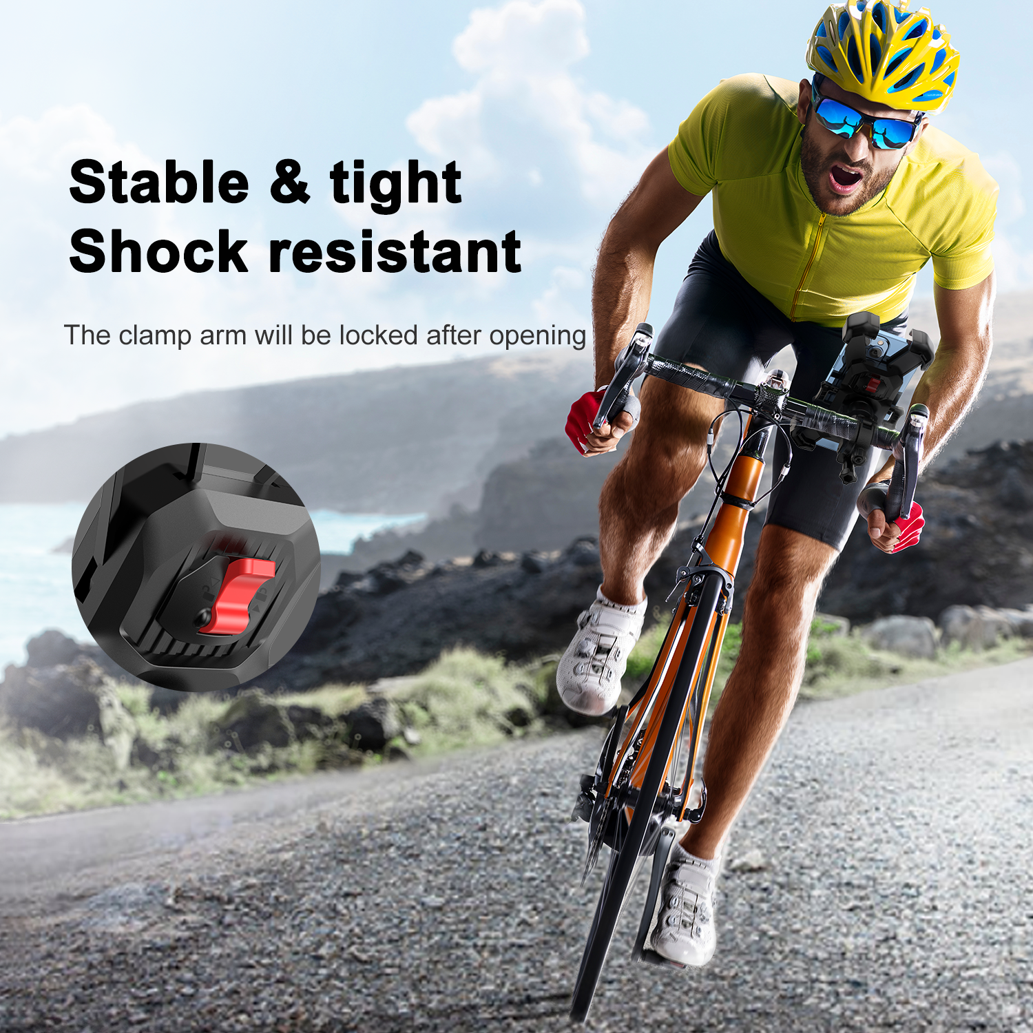 A cyclist riding fast on a road using the JOYROOM JR-ZS288 Bike Phone Mount. Image displays shock resistant stability with text 'Stable & tight, Shock resistant' and a inset close-up of the red manual security lock lever.