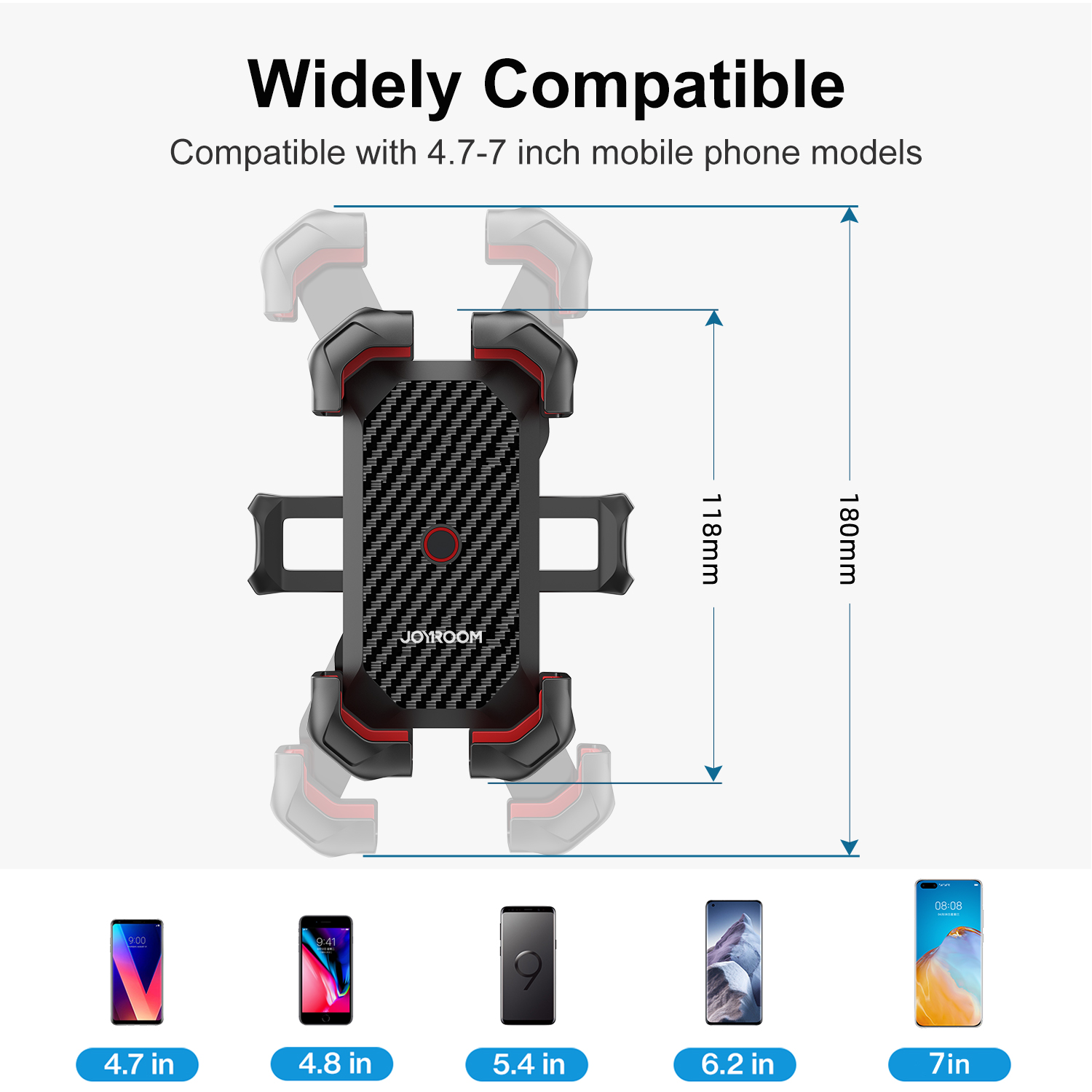JOYROOM JR-ZS288 Bike Phone Mount showing wide compatibility with 4.7-7 inch mobile phones. Technical diagram illustrates retractable arm length from 118mm to 180mm. Heading text reads 'Widely Compatible, Compatible with 4.7-7 inch mobile phone models