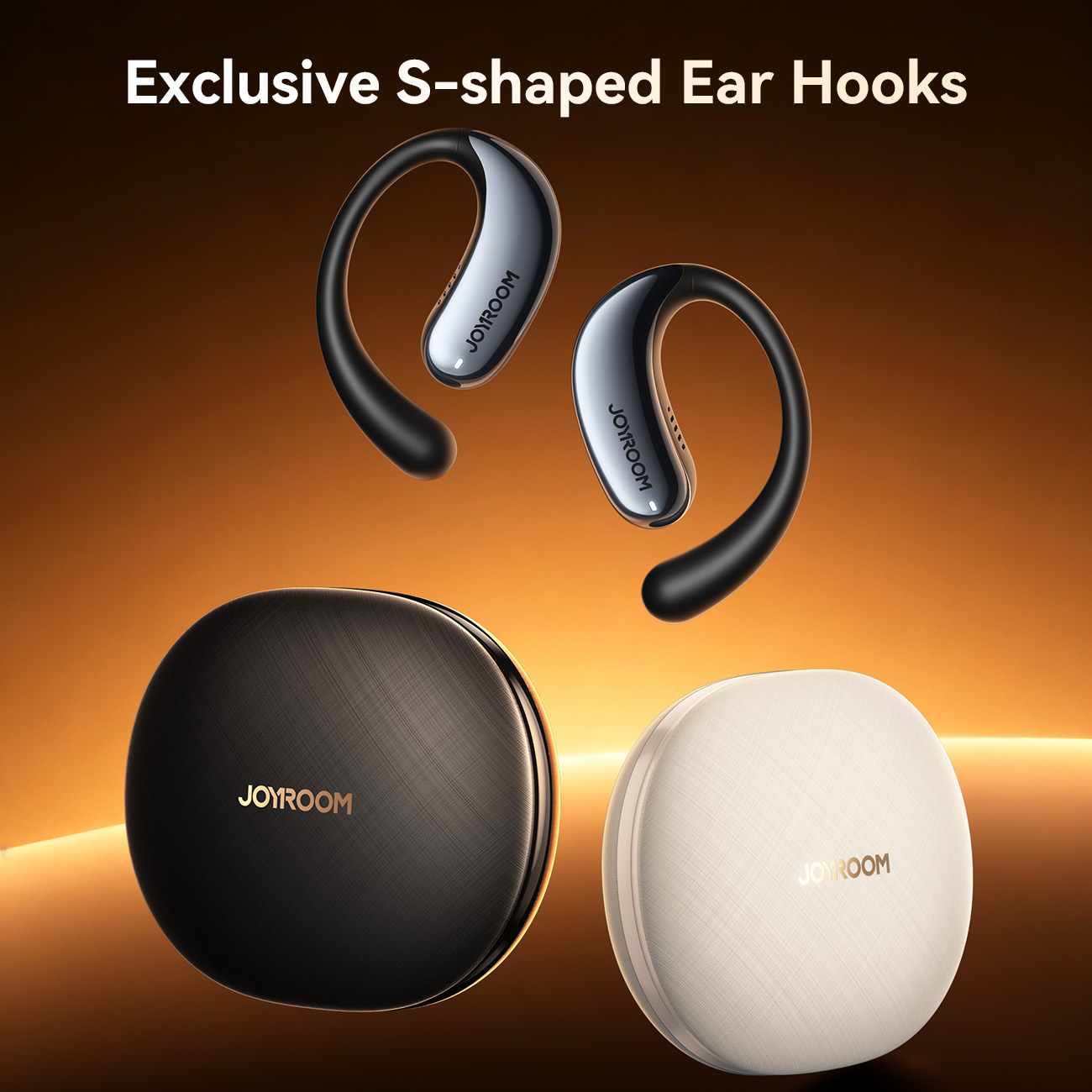 JOYROOM OW3 open-ear TWS earbuds displaying exclusive S-shaped ear hooks with black and beige portable charging cases.
