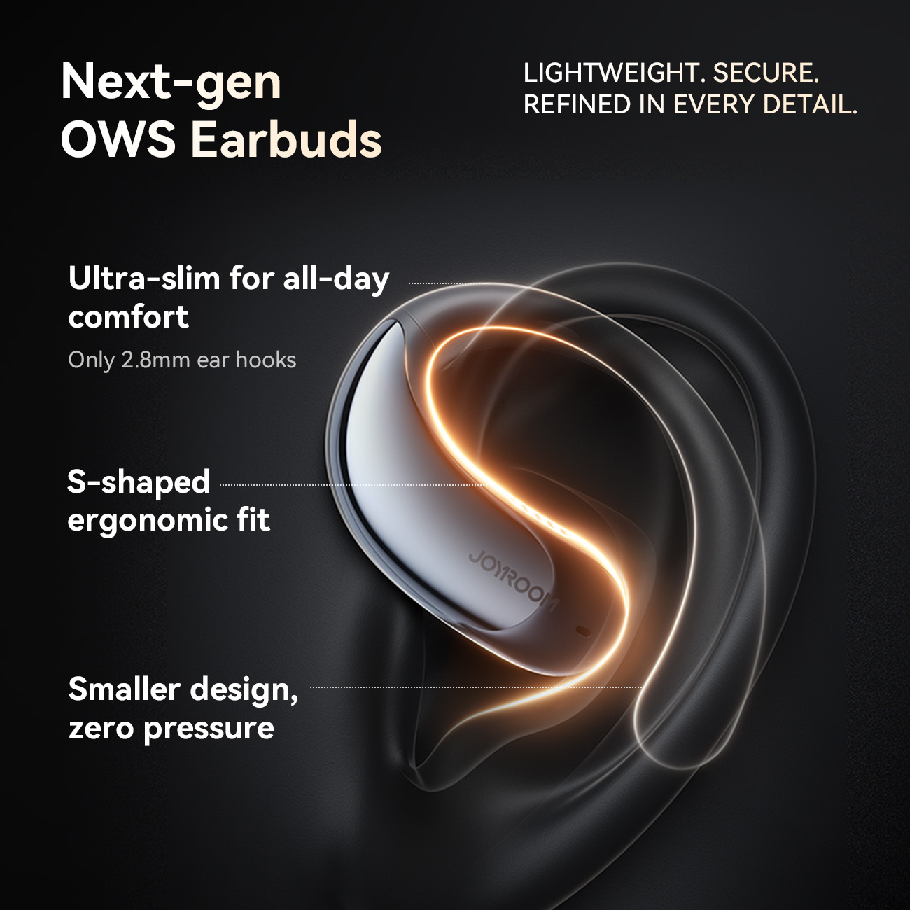 JOYROOM OW3 open-ear wireless earbuds showing S-shaped ergonomic fit on ear with ultra-slim 2.8mm ear hooks for all-day comfortable wear.