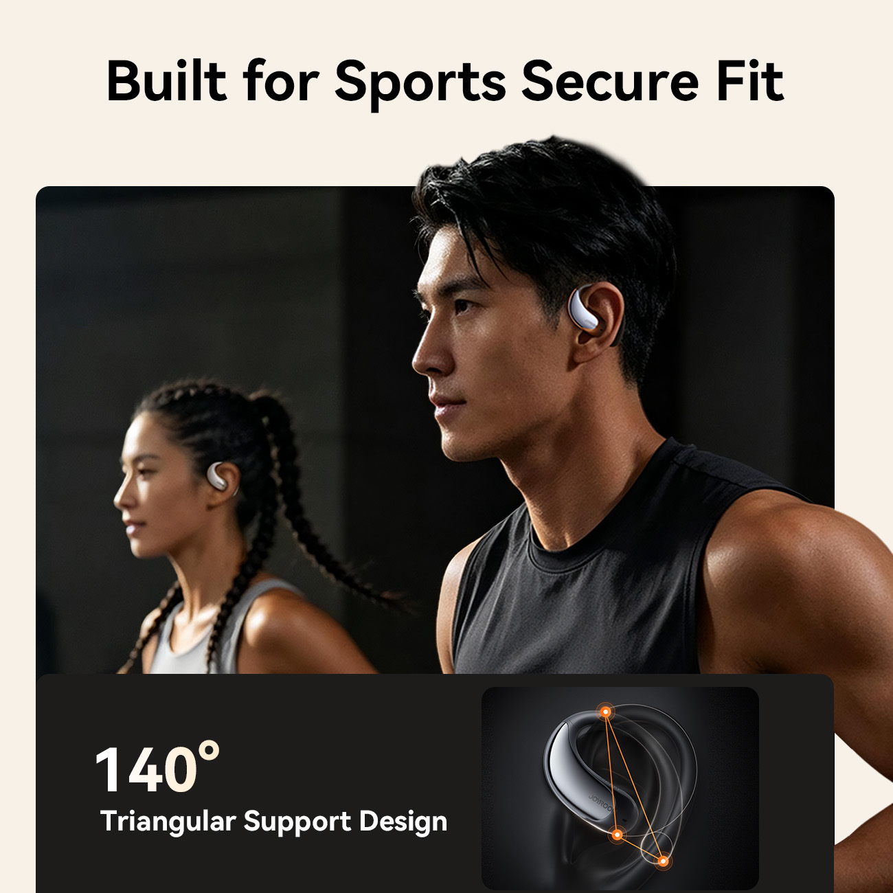 JOYROOM OW3 open-ear sports earbuds worn by athletes during workout with diagram showing 140-degree triangular support design for secure fit.